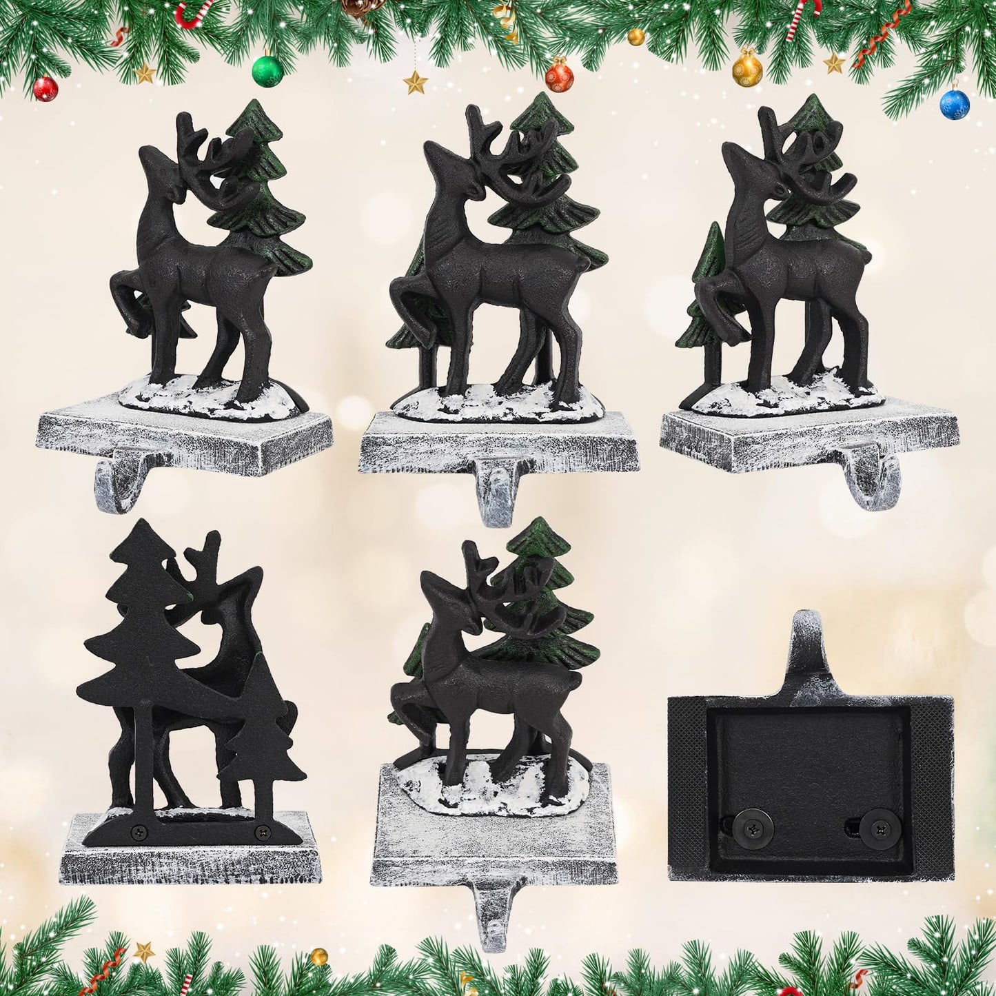 G GOOD GAIN Christmas Stocking Holders for Mantle - Set of 2 Heavy Duty Cast Iron Stocking Hangers with Non-Slip Base | Exquisite 3D Xmas Tree, Deer Mantel Hook for Fireplace Decoration Holiday Gifts