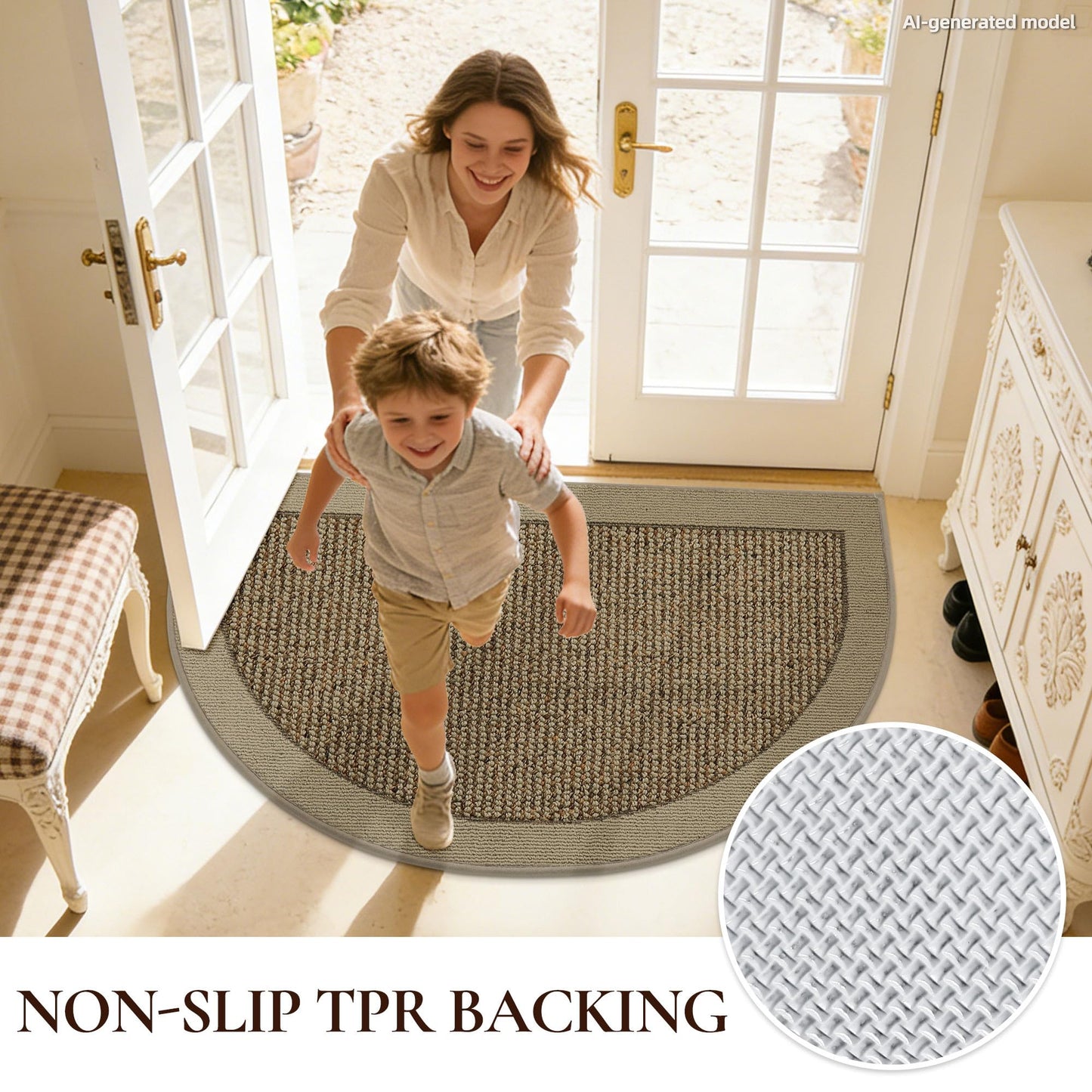FLOORHUG Half Circle Door Mat Indoor Entrance Welcome, Non-Slip Washable Doormat, Trap Dirt and Moisture, Low Profile Mats for Indoor Entry, 17"x30", Beige