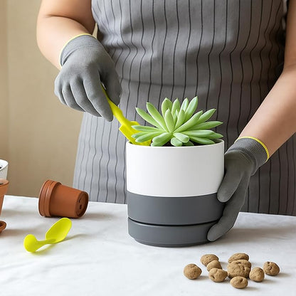 D'vine Dev 3.5 Inch & 4.7 Inch Ceramic Planter Pots for Plants with Drainage Hole and Saucer, X-Small Plant Pots Set, White/Speckled Grey, 94-G-XS-6