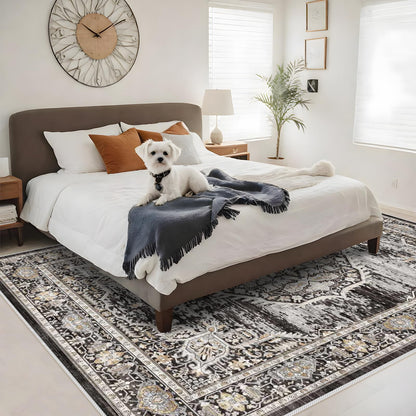 8x10 Rug Washable Area Rugs: Large Soft Living Room Rug - Distressed Stain Resistant Floor Carpet - Machine Washable Foladable Low Pile Area Rugs 8'x10' Black