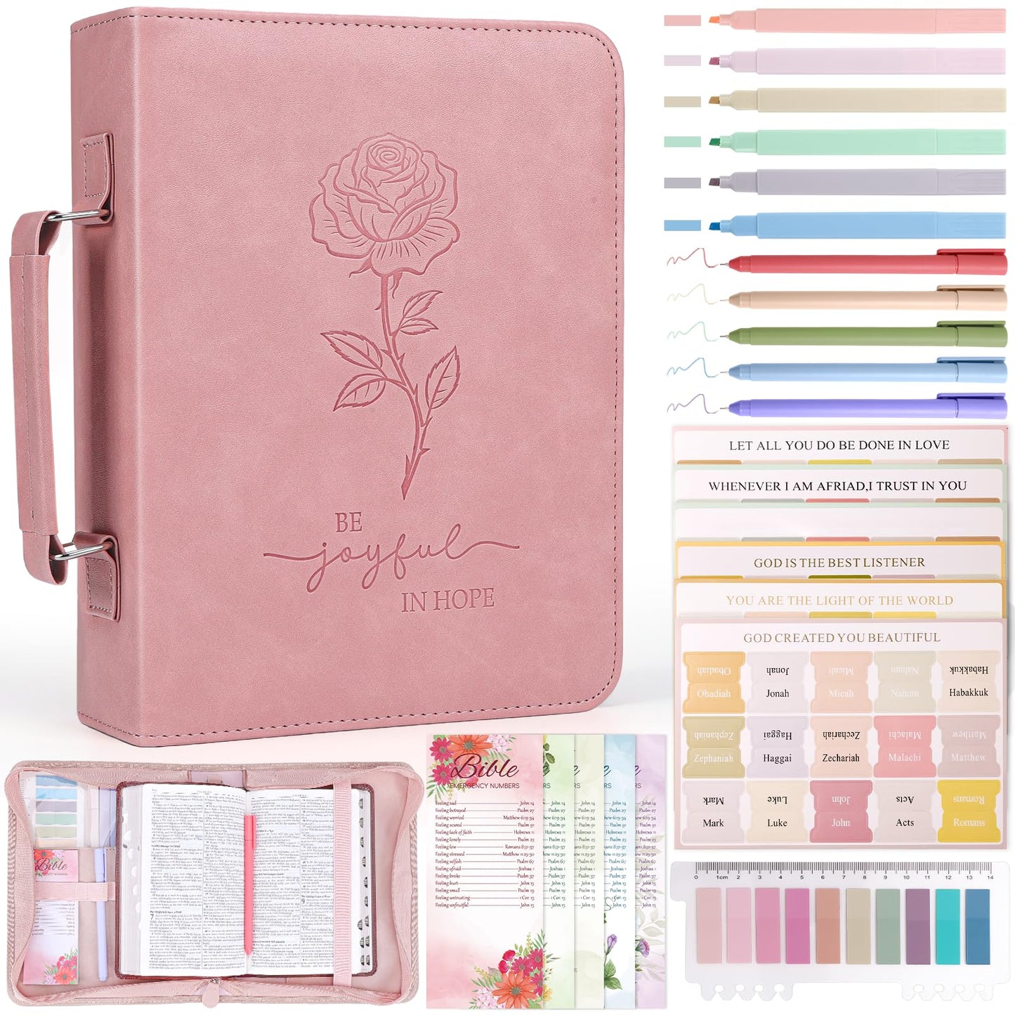 XKDOUS 24 Pcs Bible Covers Kit, Bible Carrying Case Large Church Bag w/Bible Study Supplies, Tabs, Pens, Bookmarks, Leather Book Holder Case Christian Gift for Women Lady