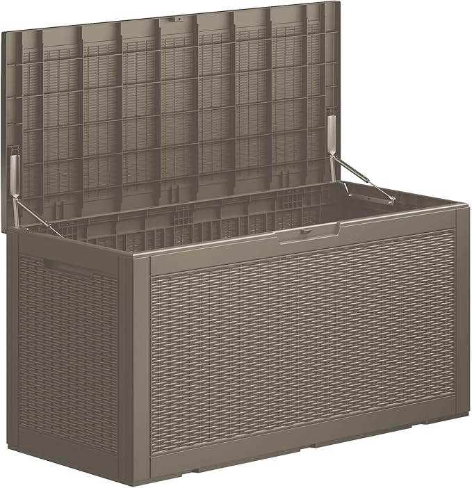 100 Gallon Waterproof Large Resin Deck Box Indoor/Outdoor Lockable Storage Container and Seating for Garden, Pool, and Patio (100 Gallon, Grey)