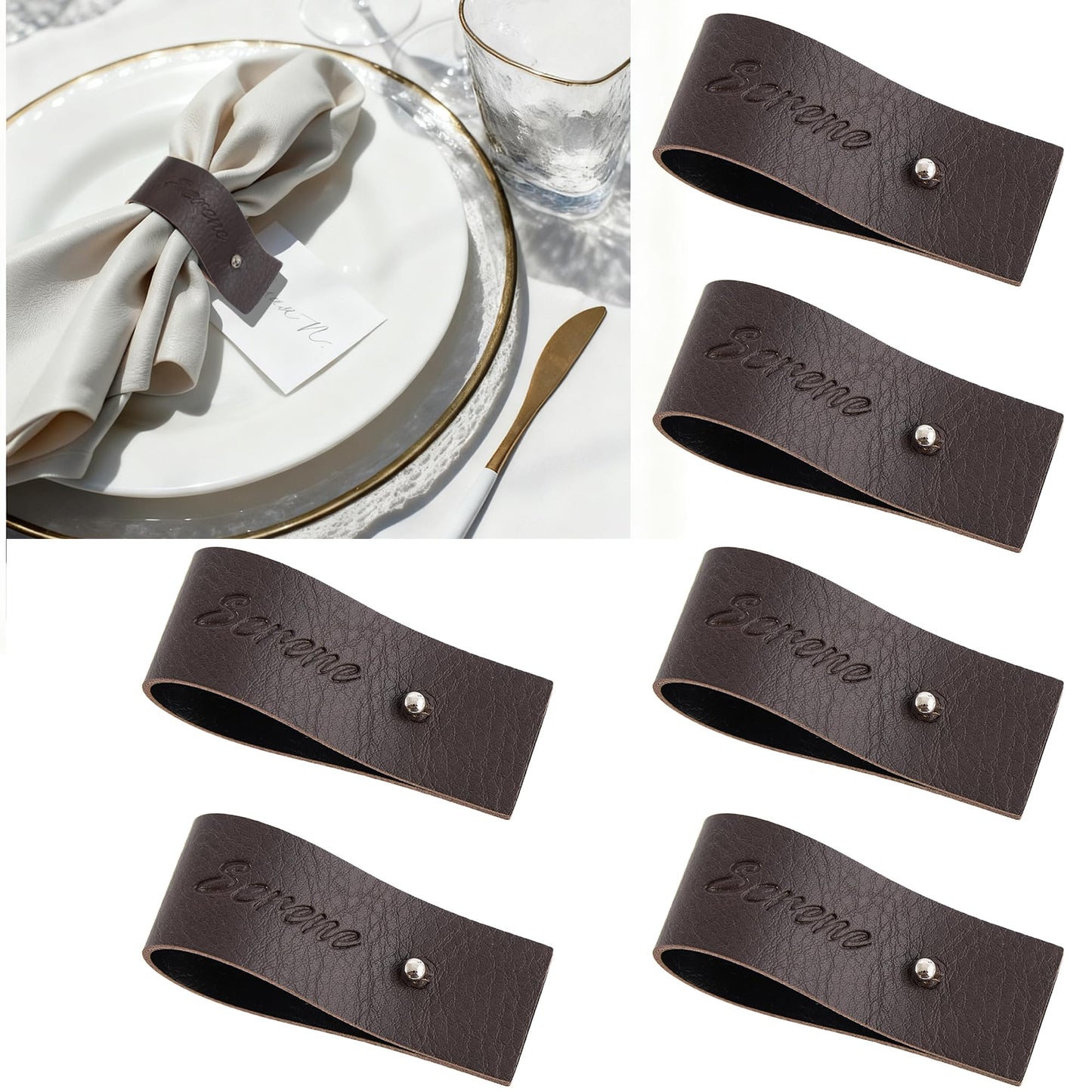 Dark Brown Napkin Rings Set of 6 – Elegant Leather Napkin Ring Holders, Double-Sided Waterproof, Durable Table Decor for Easter, Weddings & Dinner Parties, Stylish Table Setting Accessories