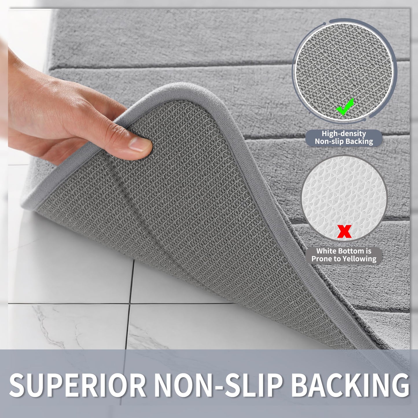 Yimobra Memory Foam Bath Mat, Super Soft Absorbent Bathroom Rug Non Slip 31.5x20 Inch, Quick Dry, Machine Washable Floor Carpet for Tub Shower, Home Decor Accessories, Gray