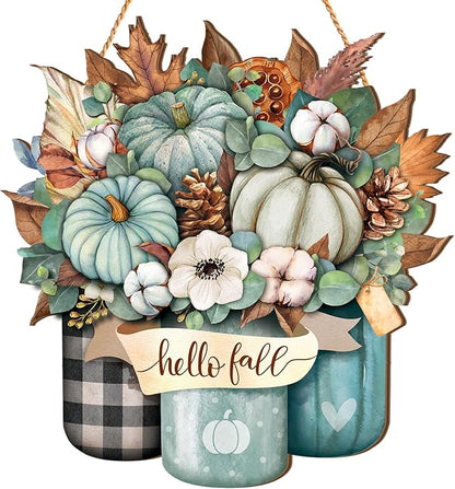 Boao Blue Thanksgiving Door Decorations for Home Thanksgiving Decor Pumpkin Plaid Hanging Sign Wooden Front Door Hanger for Autumn Harvest Fall Porch Indoor Outdoor Home Decorations