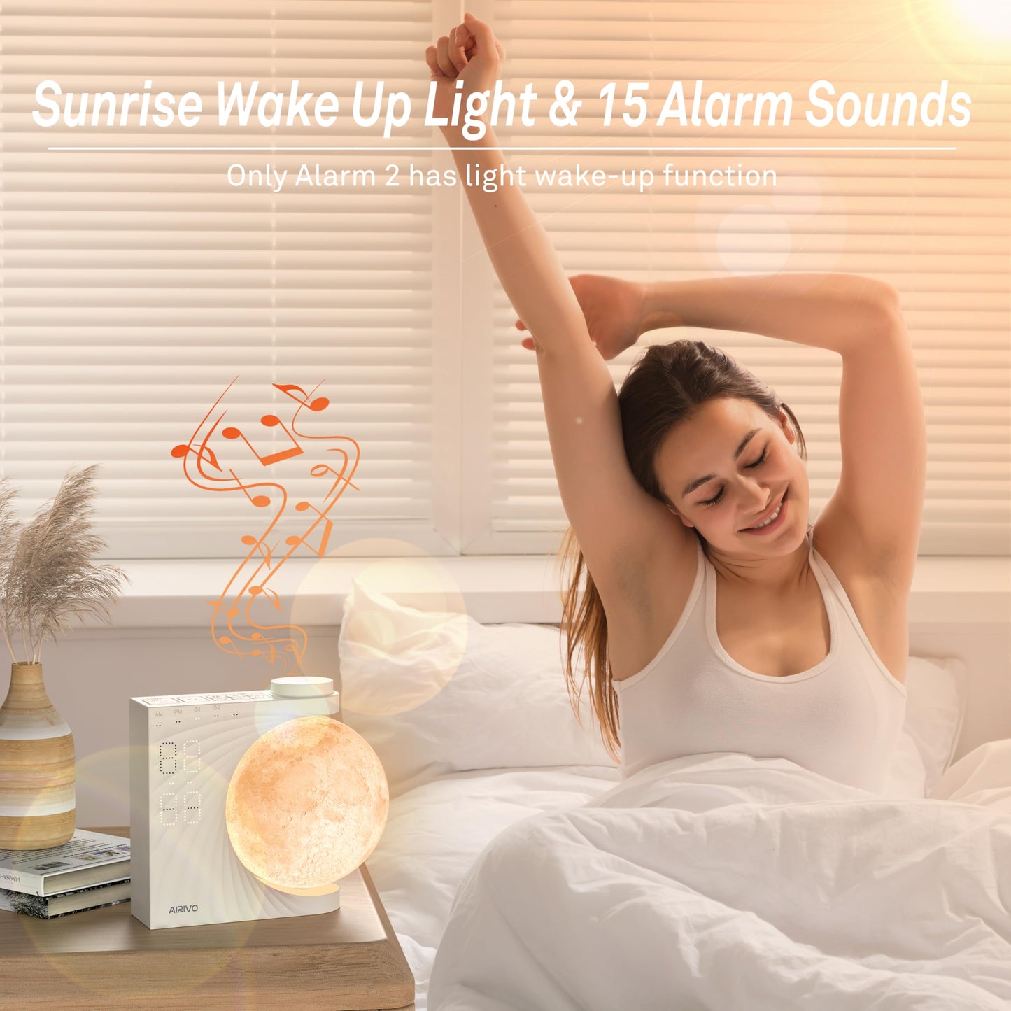 AIRIVO Sunrise Alarm Clock for Bedrooms, Wake Up Light & Sound Machine, Moon Night Light with Dual Alarms, 15 Sounds, 12 Volume Levels, Snooze for Kids Teens Heavy Sleepers