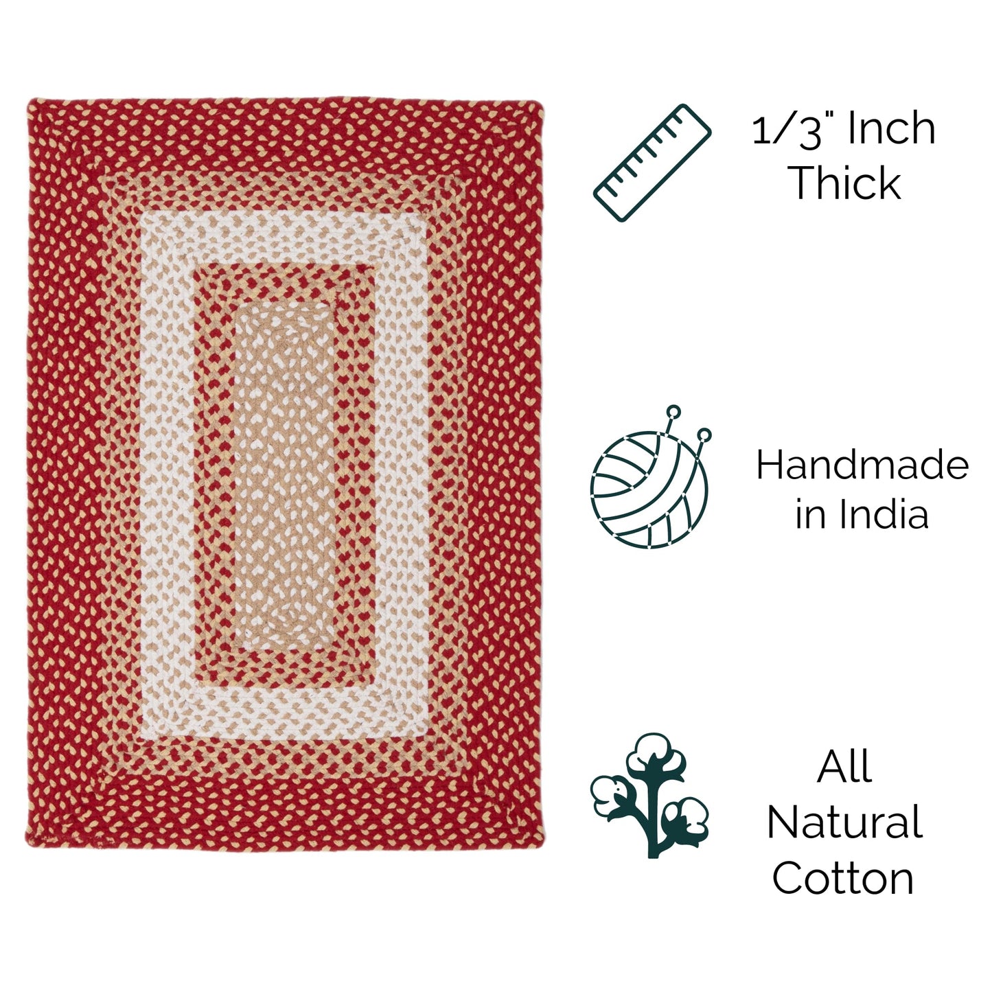 Super Area Rugs 4X6ft Farmhouse Braided Rug - Natural Soft Cotton Carpet for Dining Room/Kitchen - Primitive Country Woven Rug - Red/Cream/Ivory