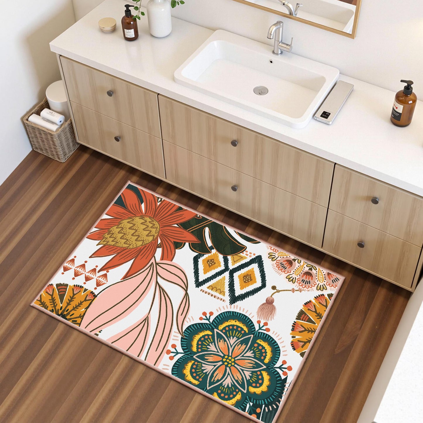 Tyrot Boho Floral 2x3 Washable Kitchen & Entryway Rug Ultra-Thin Flat Woven Low-Pile Botanical Area Rug Non Slip Indoor Door Mat for Bathroom Bedroom, Blush Pink