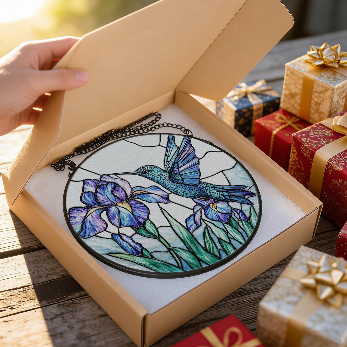 Stained Glass Window Hanging, 7.8 Inch Hummingbird and Iris Flower Stained Glass Suncatcher Ornament, Sun Catchers Indoor Window Decor, Nature Lover Gift, Gifts for Women: Wife, Mom & Grandma