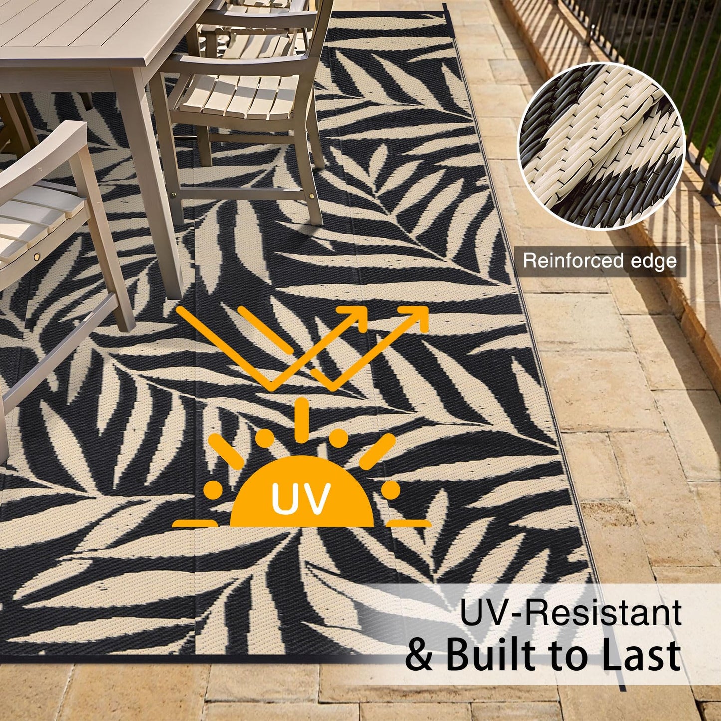 OLANLY Waterproof Outdoor Rug 6x9 ft, Reversible Outdoor Plastic Straw Rug with Leaf Pattern, RV Mat, Indoor Outdoor Carpet for Patio, Camping, Balcony, Deck, Backyard, Black & Beige