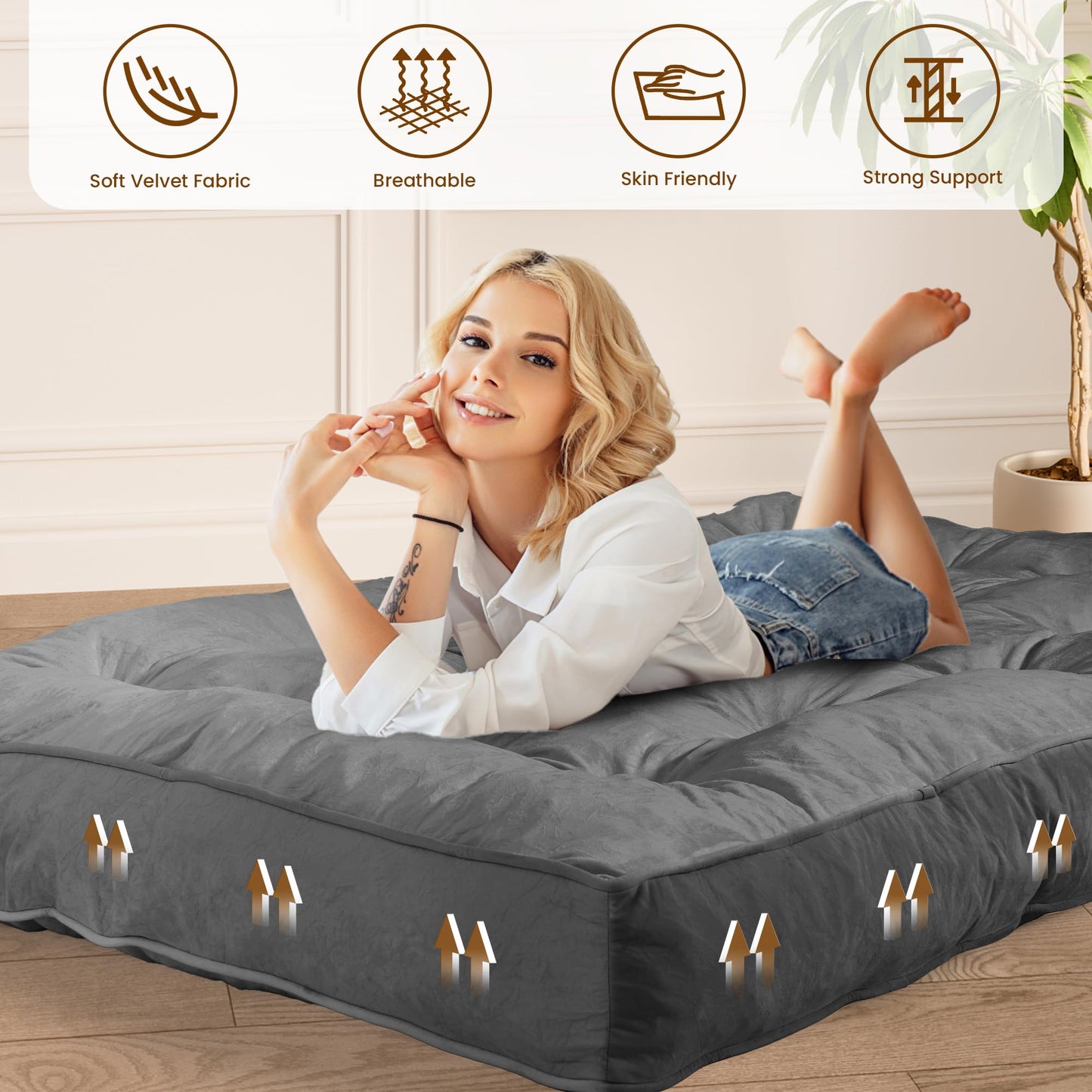 8" Futon Mattress Full Size 54" x 80", Thick Futon Sofa Couch Bed for Adults, Velvet Floor Futon Mattress Shredded Foam Filling, Tatami Sleeping Mat for Camping, Dorm, Dark Gray(Frame Not Included)