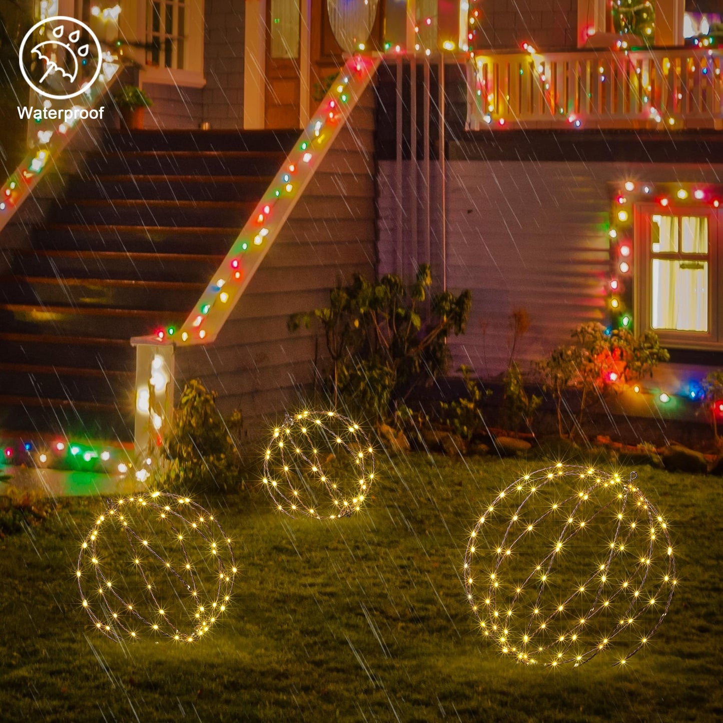 LIGHTSHARE 248LED 12IN+16IN+20IN Light Ball Yard Decoration Pathway Lights Brown Sphere Light Fold Flat Metal Frame Indoor Outdoor Waterproof Garden Lights, Plug in(Set of 3)