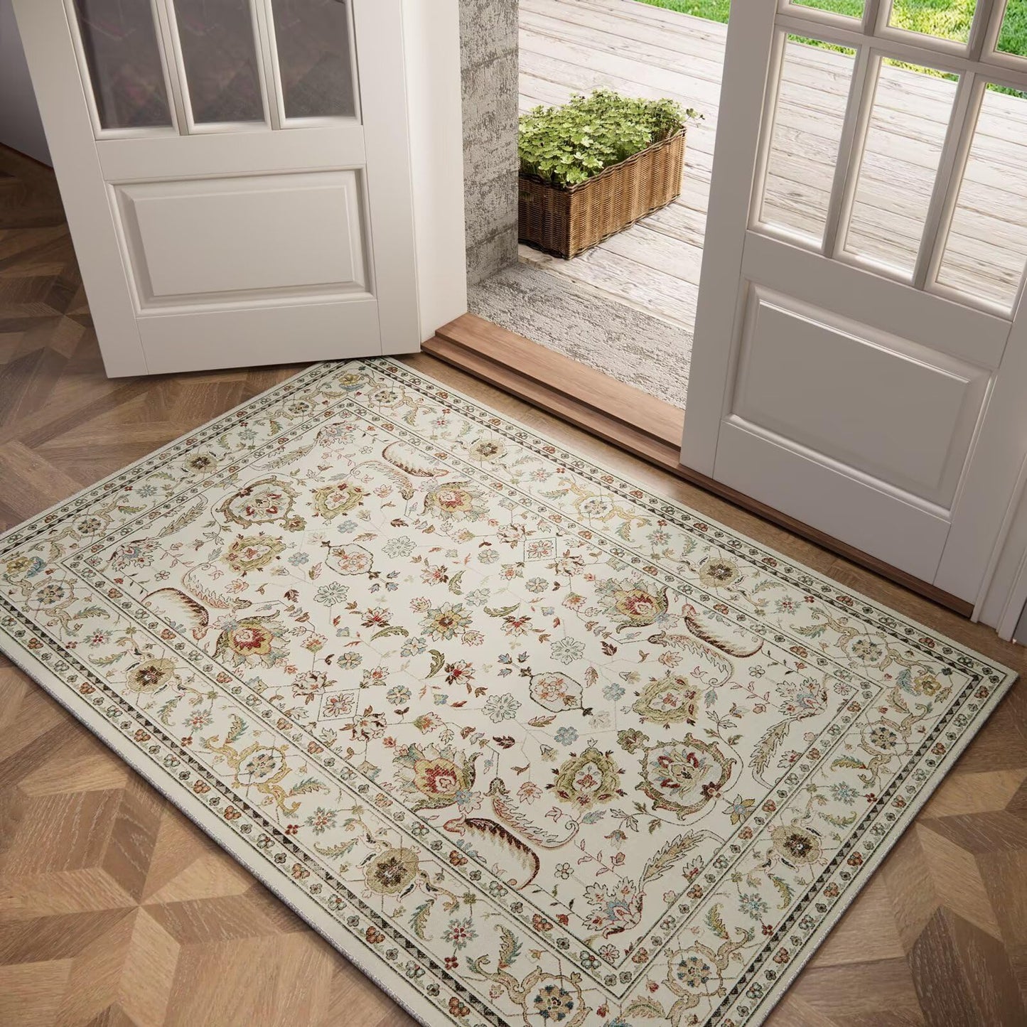 Washable 2x3 Entryway Rug, Boho Vintage Non-Slip Door Mat, Beige