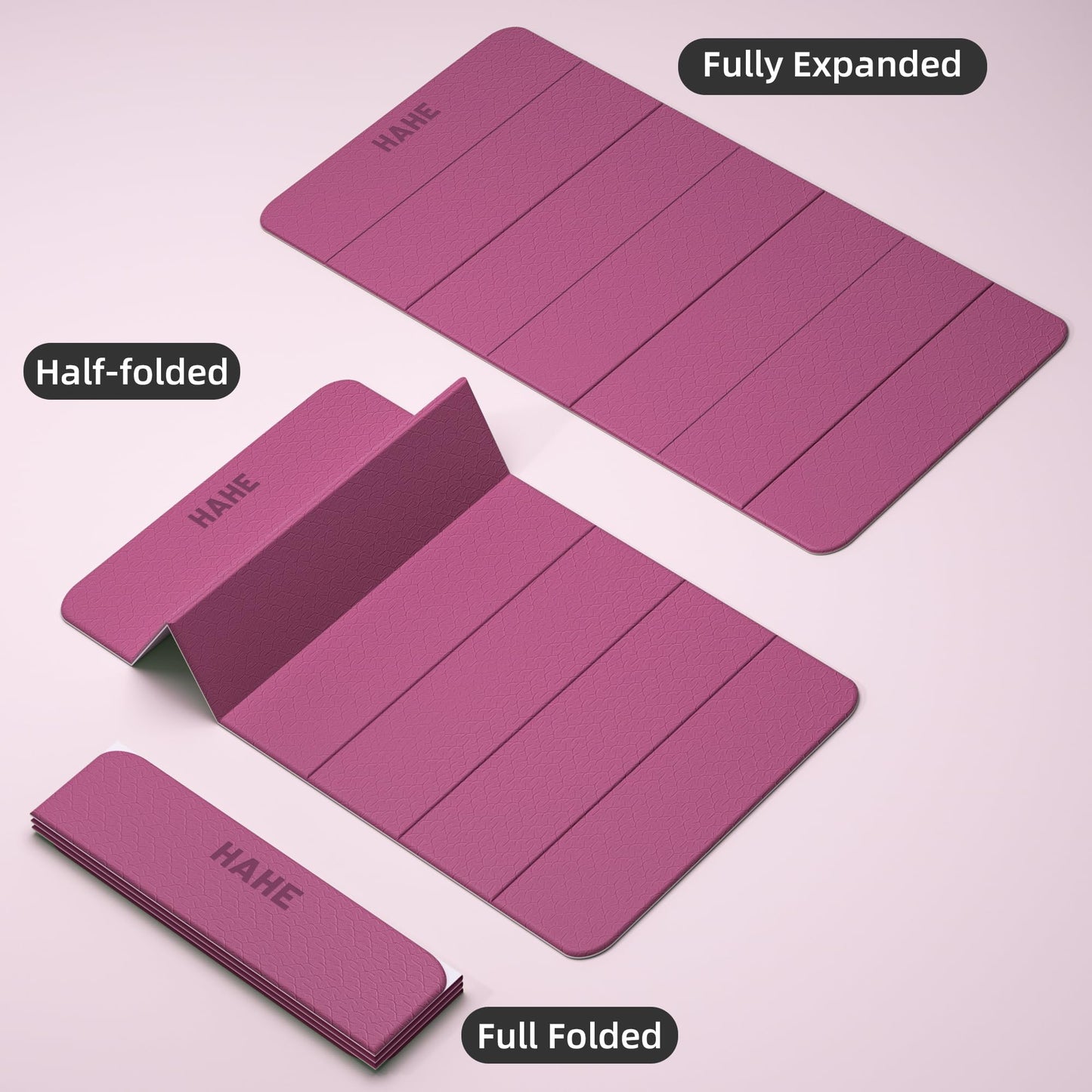 HAHE Extra Wide Folding Exercise Mat 75"x40"x0.4" TPE Fitness Mat, High Density Non-Slip Yoga Mat for Home Gym, 7-Fold Portable for Women, Men, Strength Training, Travel, Floor Exercises (Deep Pink & Light Pink)