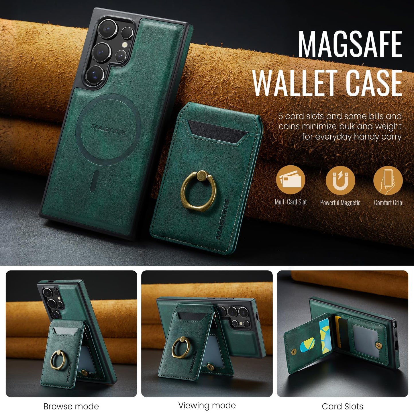 Konstreet for Samsung Galaxy S26 Ultra 2 in 1 Detachable Card Bag Wallet Case Durable Leather Wallets Magnetic Card Holder 4 Card Slots Ring Stand RFID Blocking Green