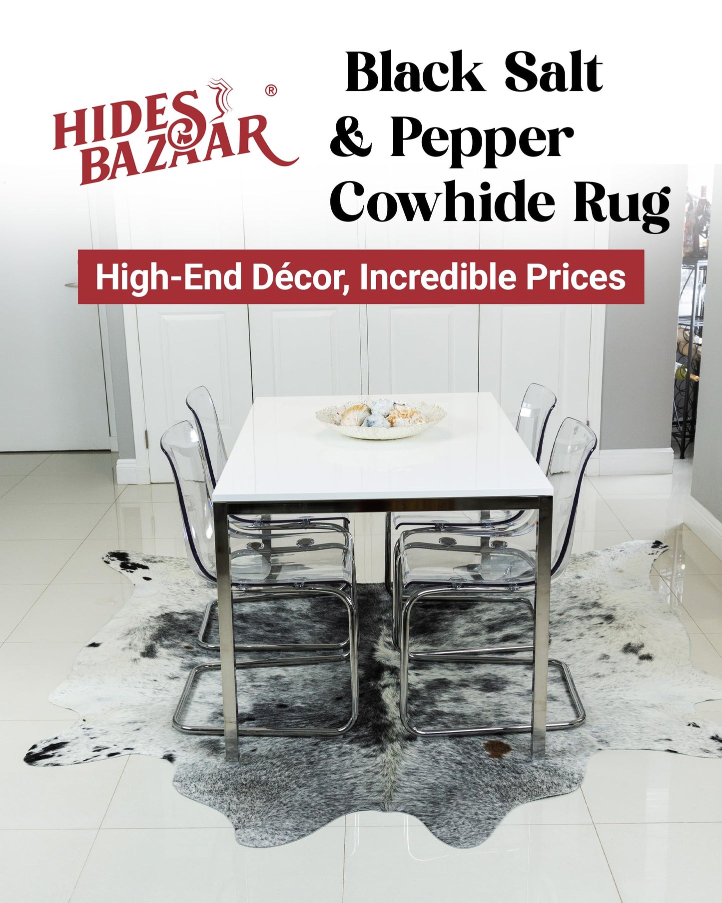 HIDES BAZAAR Black Salt and Pepper Cowhide Rug Premium Black and White Rugs for Living Room & More - Unique Black and White Rug Made Tanned Leather Cow Hides - Cow Hide Rugs 6x7-8 ft