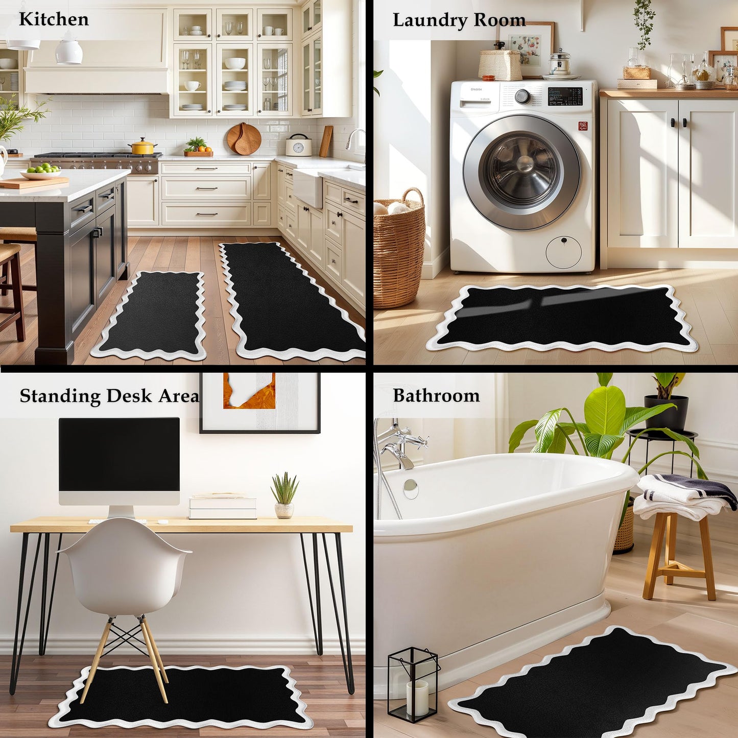 Arenarug Scalloped Black White Kitchen Mats Rugs Sets of 2 Cushioned Anti Fatigue Floor Mat Waterproof Kitchen Rugs Non Slip Foam Comfort Standing Mat for Sink Laundry