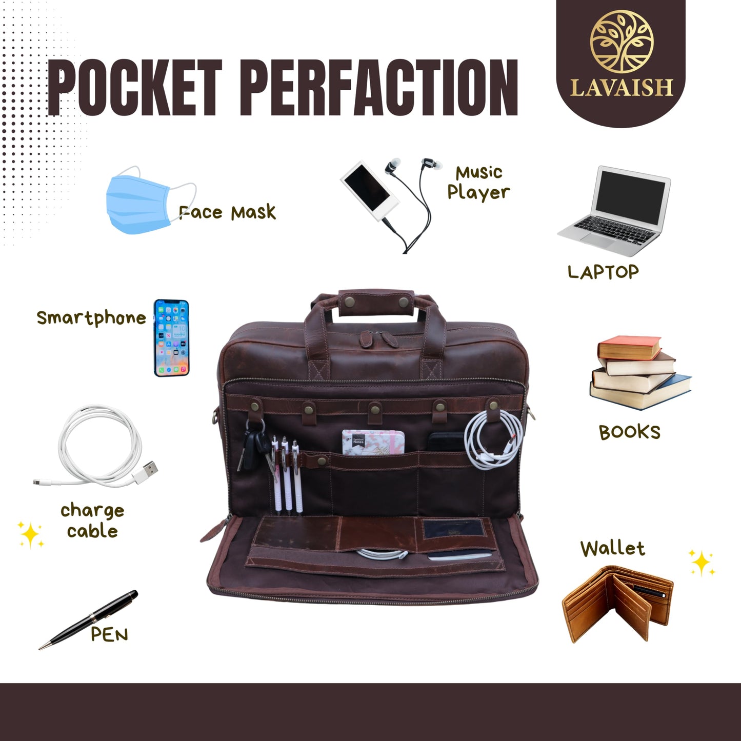 LAVAISH Full-Grain Leather Briefcase for Men & Women – 17 Inch Laptop Bag with Computer Compartment – Premium Leather Office Satchel, Business Messenger Bag, Work Bag for Professionals (Dark Brown)