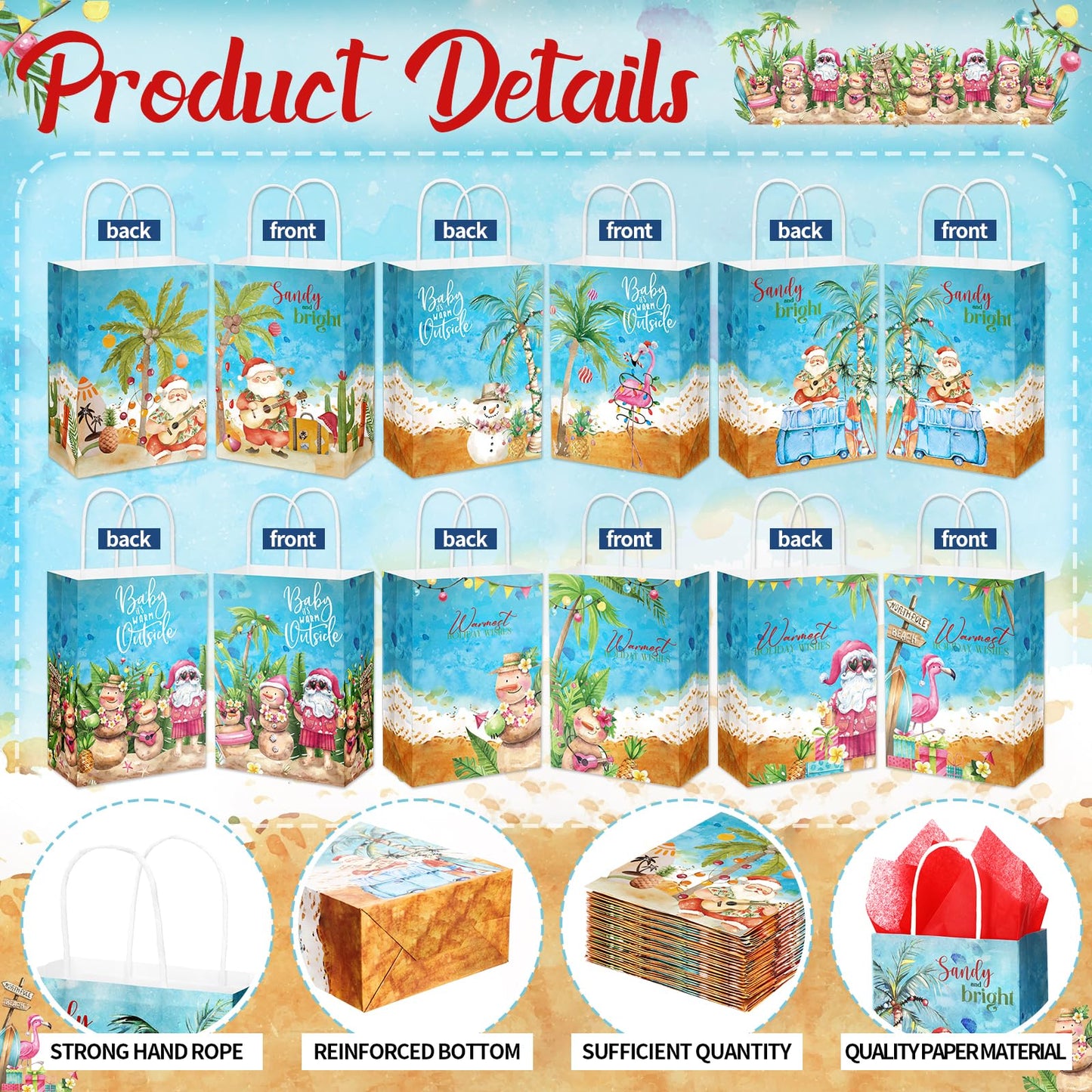 Sinload 36 Sets Summer Christmas Party Gift Bags with Tissue Paper Xmas in July Santa Tropical Goodie Bags with Handle Christmas Treat Tote Hawaiian Flamingo for Beach Pool Birthday Party Decoration