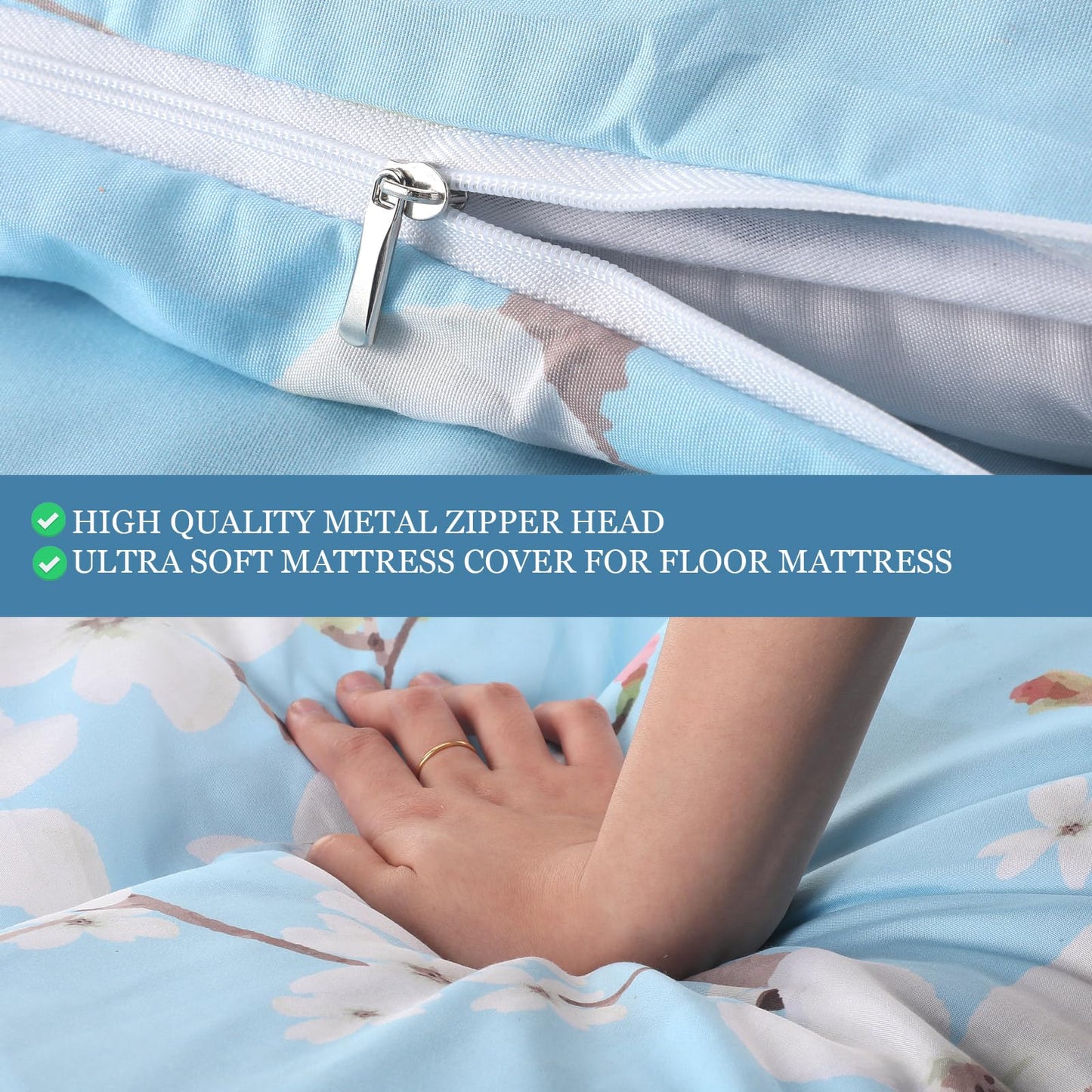 Preboun Futon Mattress Cover with Zipper 84 x 58/80 x 39 Japanese Floor Cushion Tatami Thai Korean Sleep Mats Protector Cover Washable Skin Friendly Without Futon(Flower,Twin Size,Blue)