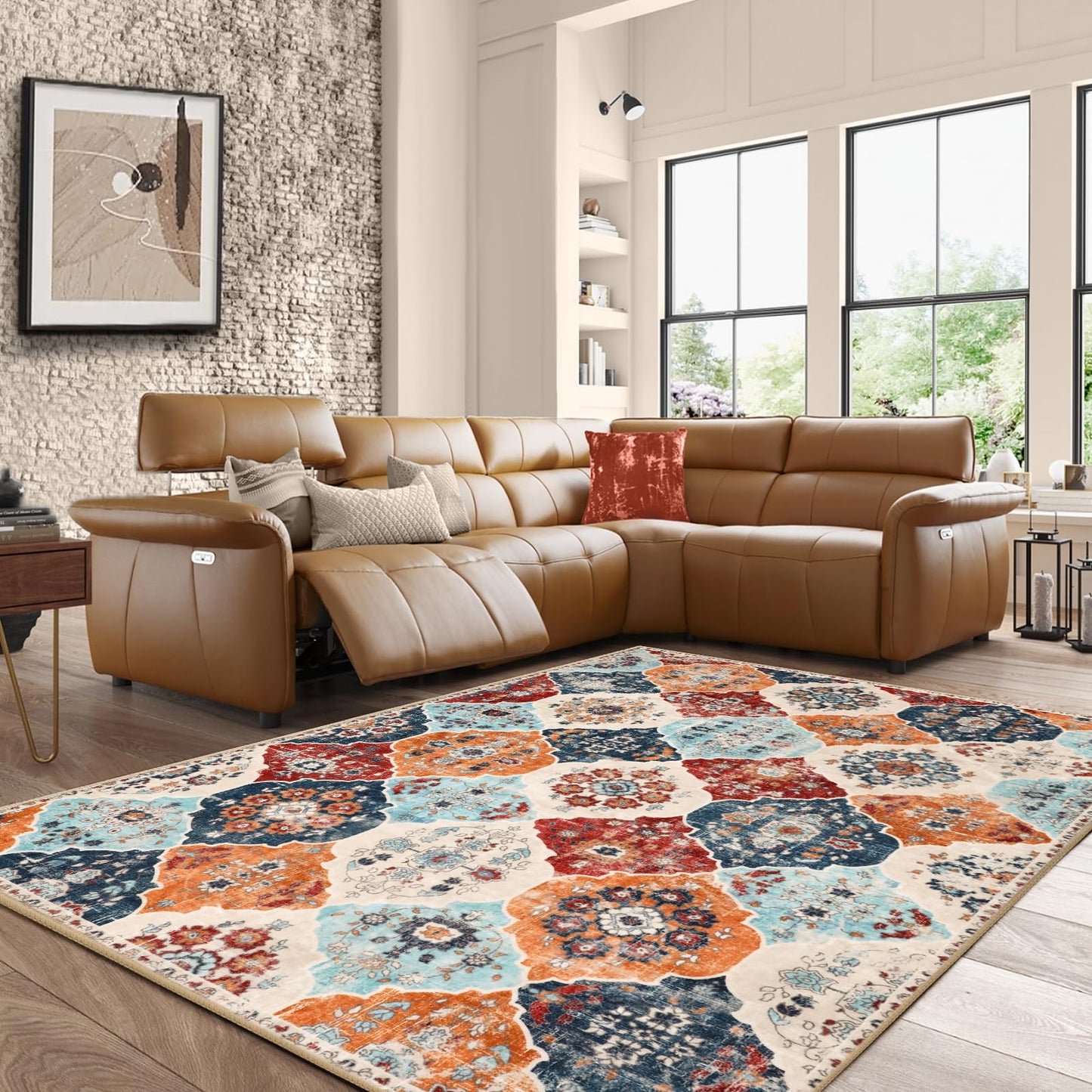 FLYRUGGO Area Rugs, 5x7 Washable Boho Throw Rug Indoor, Moroccan Trellis Bohemian Ultra Soft Large Non-Slip Carpet for Living Room Dining Room Office Bedroom (001-Orange/Multi, 5x7)