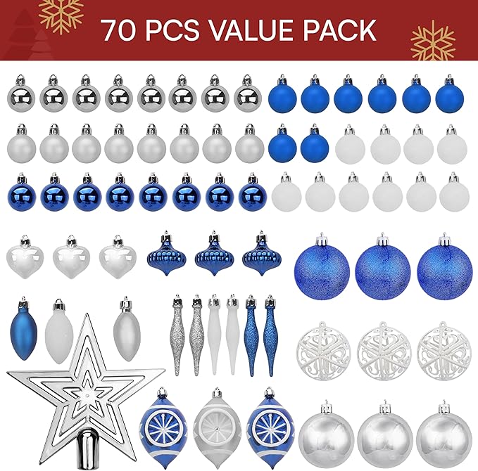 Joiedomi 70Pcs Assorted Christmas Ornaments Set with Ball Ornaments, Star Topper and Heart, Hanging Shatterproof Christmas Ornaments for Holidays and Xmas Tree Ornaments (Blue, Silver&White)