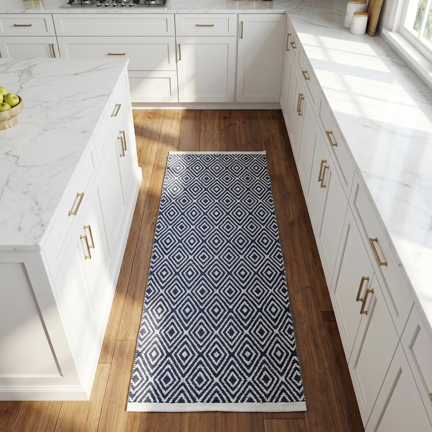 Chenille Cotton Diamond Runner Rug 2x5 Feet - Navy, Reversible Washable Soft Floor Runners Ideal for Kitchen, Hallway, Bedroom, Bathroom | Blue Farmhouse Boho Indoor Use Rugs for Patio Décor