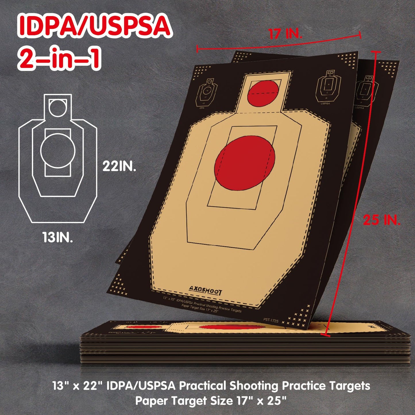 AXOSHOOT IDPA/USPSA Shooting Targets 17x25 Inch - 150gsm Kraft Paper with Black Background - 50/Pack Crease-Free Boxed Targets for Pistol, Rifle, Indoor & Outdoor Shooting Range