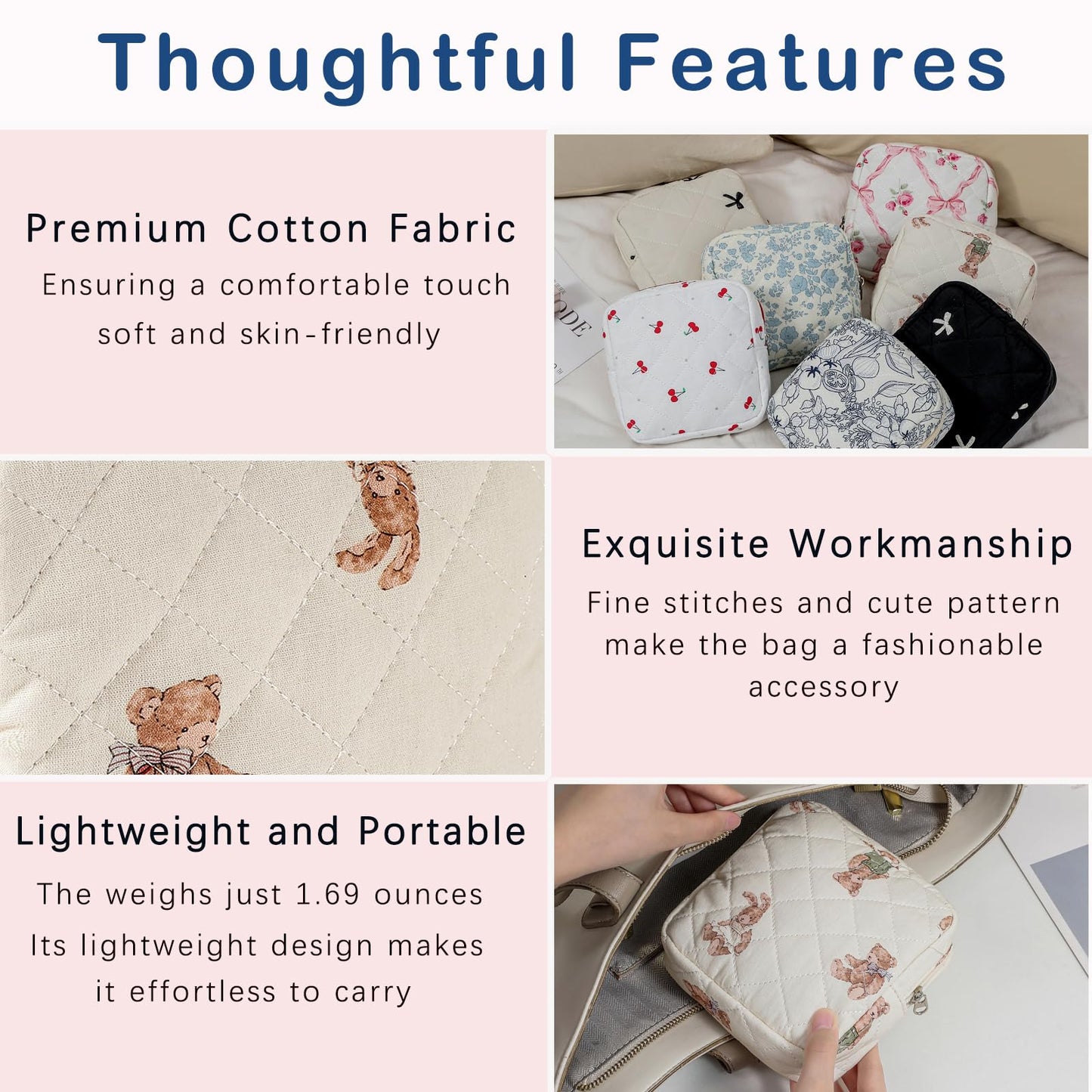 Small Quilted Cotton Makeup Bag for Purse, Cosmetic Bag with Compartments, Cotton Aesthetic Makeup Bag, Travel Toiletry Pouch, Key Pocket Lipstick Bag Card Holder Data Cable Organizer（01White Bear）