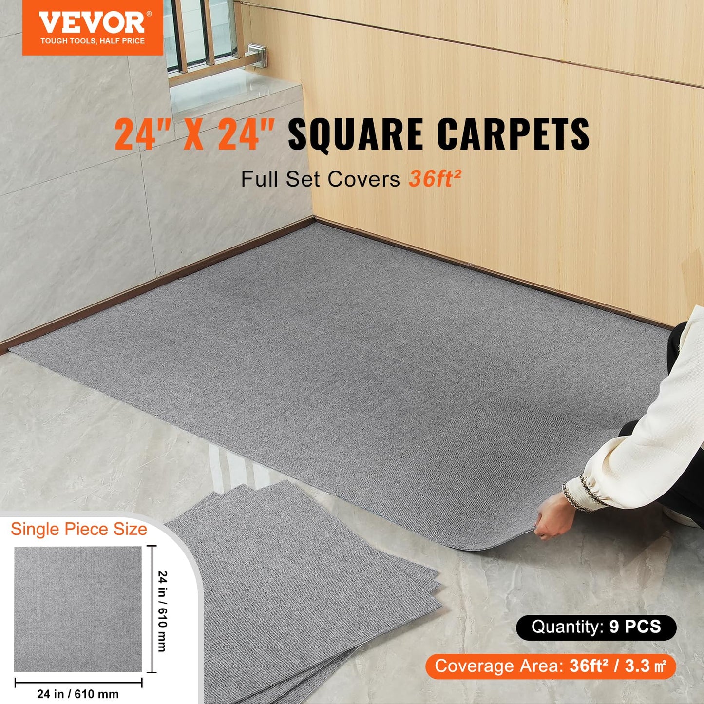 VEVOR 24 x 24 Peel and Stick Carpet Tiles Squares with Self Adhesive & Soft Padded for Indoor Outdoor Kitchen Living Room Bedrooms - Pack of 9/36 sq ft/Light Gray