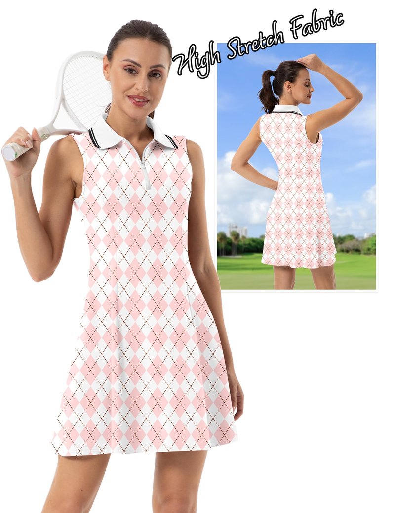 FKEEP Women's Tennis Golf Dress Sport Activewear Workout Athletic Zipper V-Neck with Shorts and Pocket (Pink Checkered, XL)