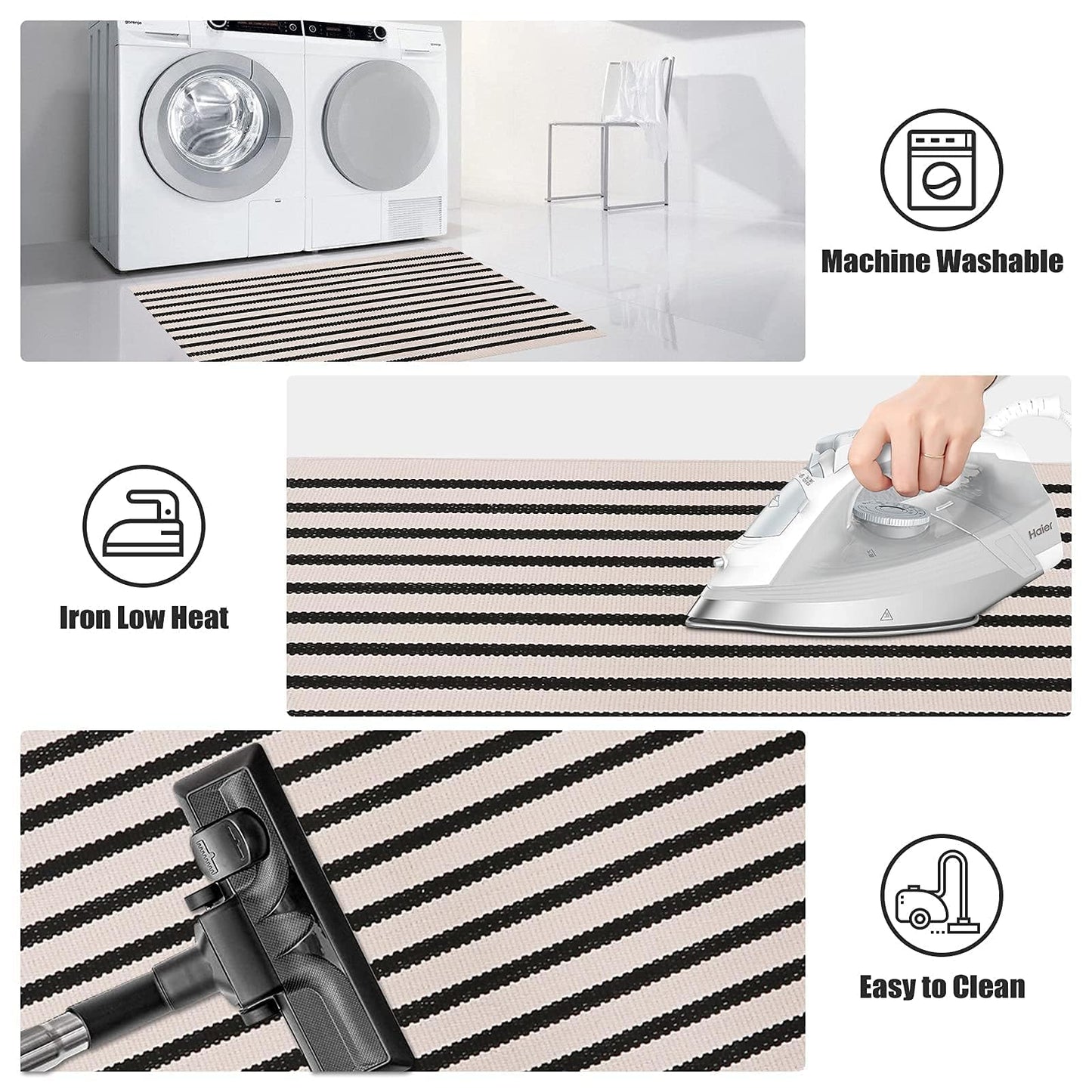 LEEVAN Black and White Striped Area Rug 3x5 ft Outdoor Patio Rugs Woven Washable Farmhouse Floor Carpet Front Porch Doormat for Bedroom/Courtyard/Laundry Room/Living Room