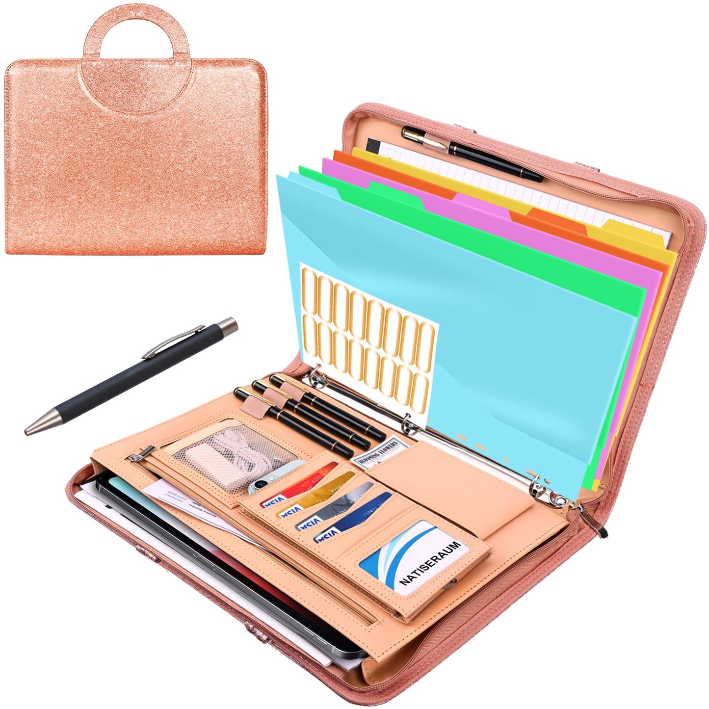 NATISERAUM Padfolio Portfolio Binder with Handle, 3-Ring Folder Organizer, Vegan Leather Portfolio with Notepad Includes 5 Dividers with 10 Pockets for Documents Filesfor Documents Files and 1 Pen