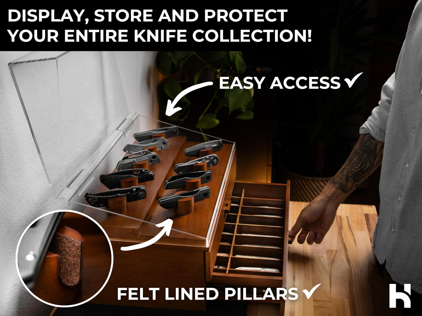 Premium Pocket Knife Display Case for 50 Knives - Extra Large Wooden Knife Organizer, Storage & Holder with Unique Pillars, 2 Drawers - Knife Collection Box - Handcrafted Father's Day Present for Men