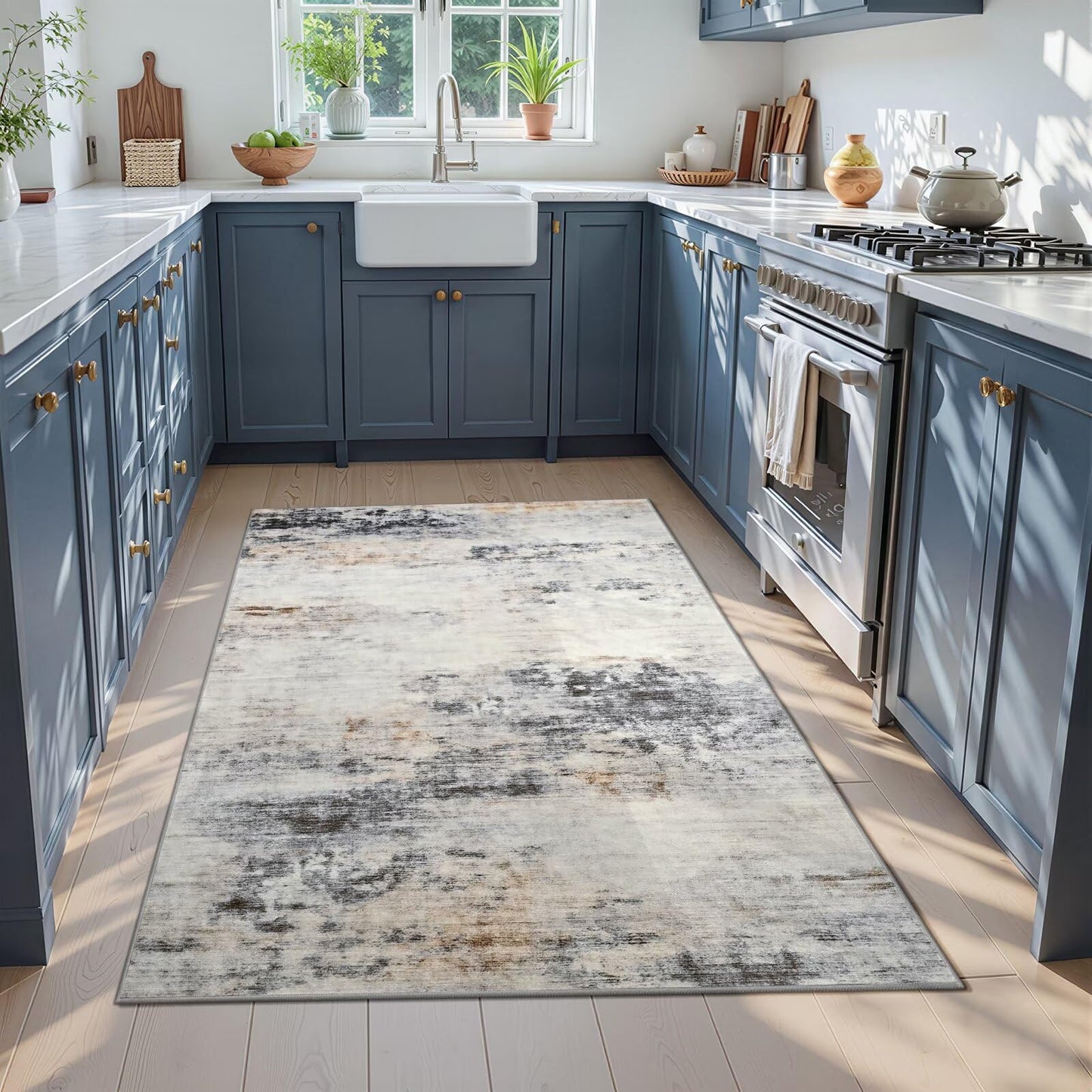 Toneed Abstract Area Rug Modern Washable Rug Soft Non Slip Rug Low Pile for Bedroom Living Room Dining Room Grey/Brown 4x6 Feet