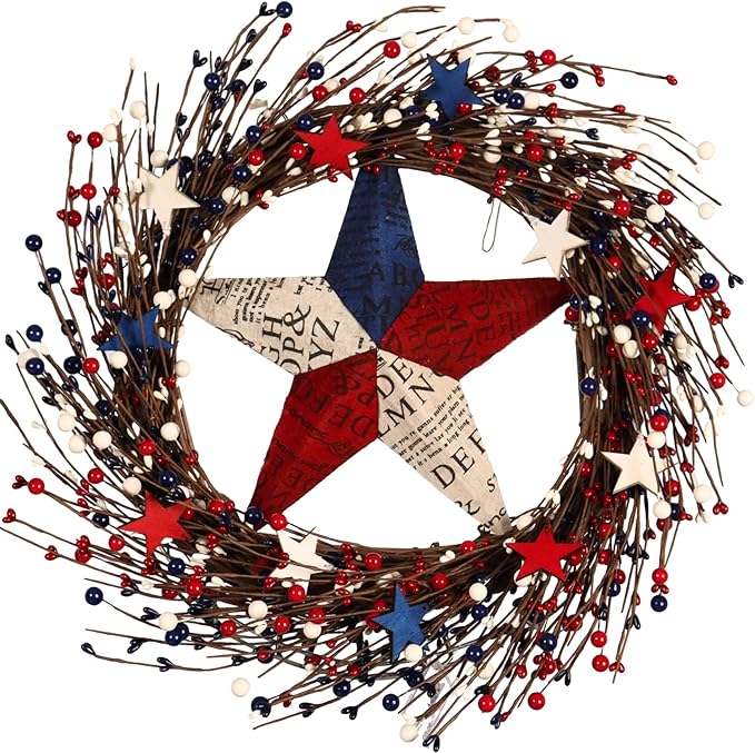 22IN Artifical Patriotic Wreath 4 of July Wreath with Berry, Star for Front Door Wall Decor Indoor Outdoor