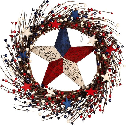 22IN Artifical Patriotic Wreath 4 of July Wreath with Berry, Star for Front Door Wall Decor Indoor Outdoor
