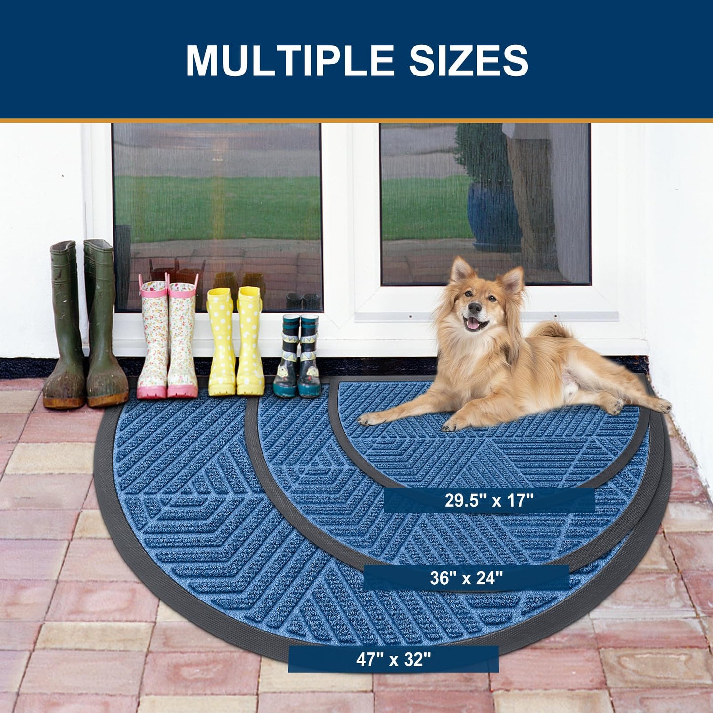 Smiry Half Circle Front Door Mat Outside Entrance, Heavy Duty Sturdy Natural Rubber Doormat, Trap Dirt and Moisture, Low Profile Mats for Indoor Outdoor Entry, Irregular Triangle (29.5x17, Blue)