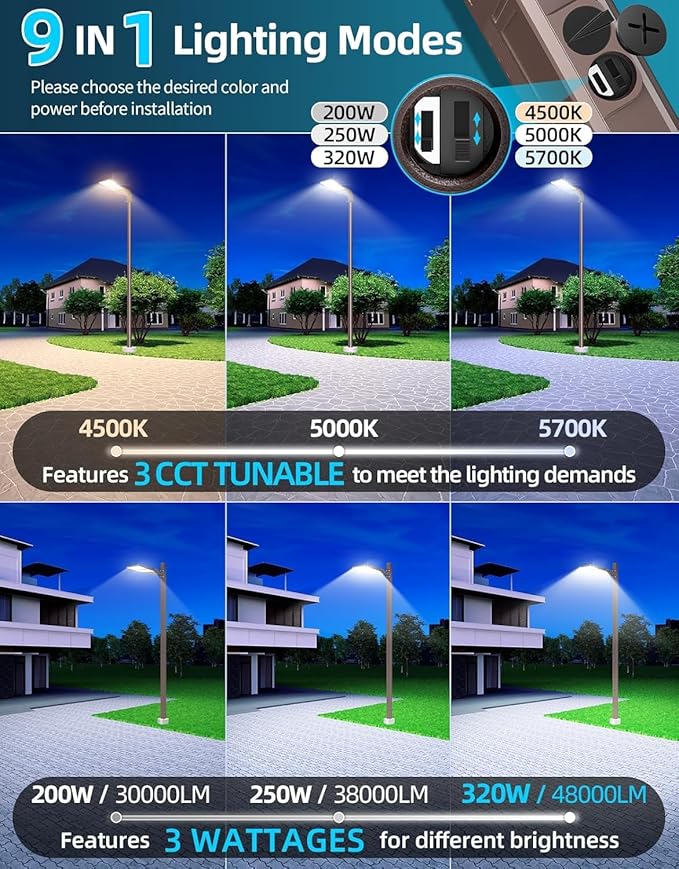10PCS LED Parking Lot Lights 320W 250W 200W, LED Shoebox Light 5700K 5000K 4500K Arm&Slip Fit Mount, DLC Listed Outdoor Pole Light with Photocell, IP65 Commercial Street Area Flood Lighting 100-277V