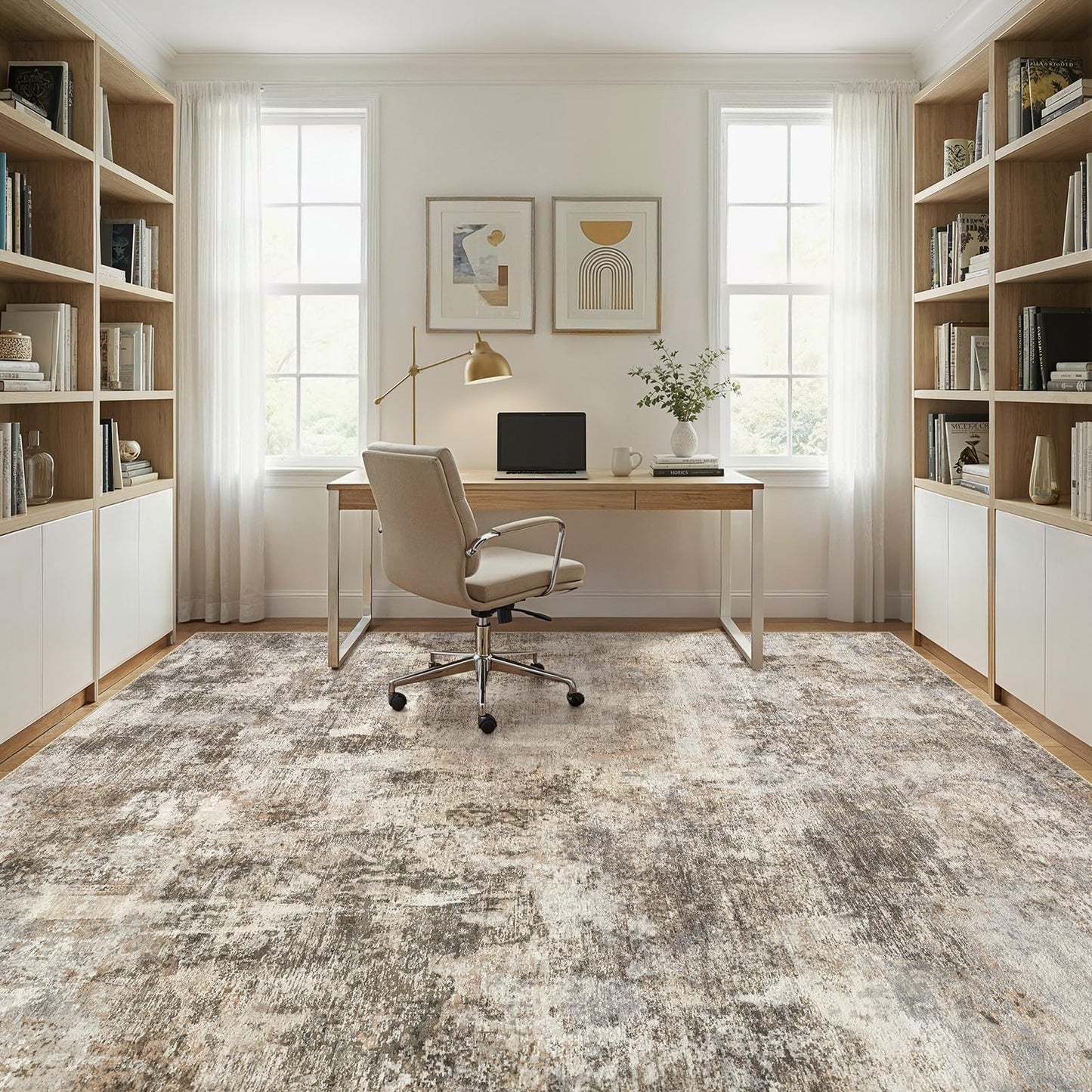 WITSHOCK Area Rugs 10x14 Living Room Rug - Washable Neutral Soft Low Pile Non-Slip Modern Abstract Thin Large Indoor Carpet for Bedroom Dining Room Nursery Office - Dark Brown