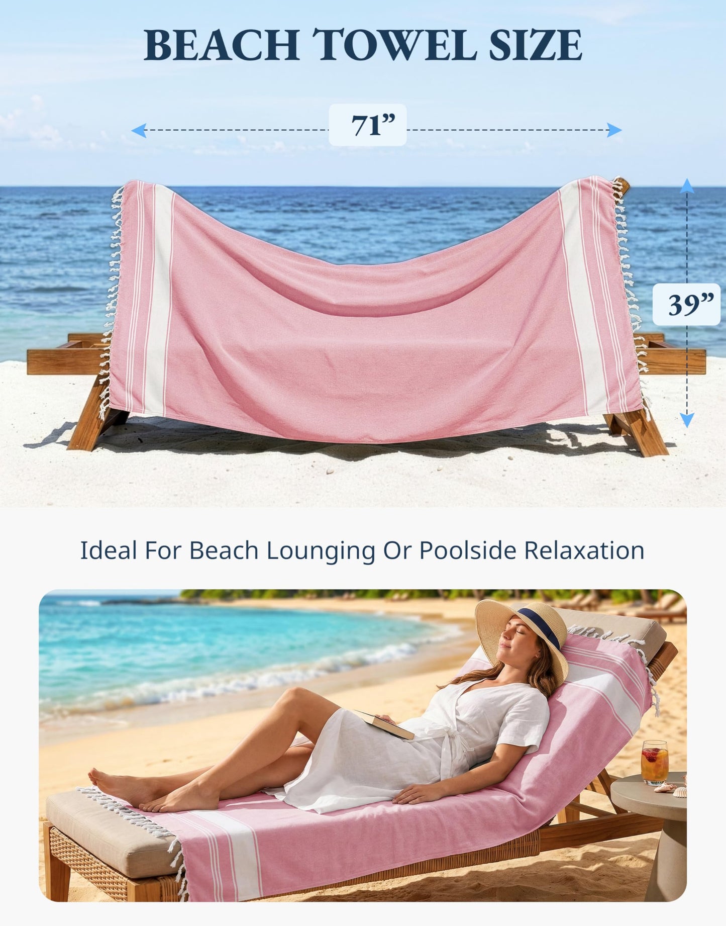 LANE LINEN Large Beach Towel, Turkish Towel, Lightweight Beach Towels for Adults, 39"x71" Oversized Pool Towels, Absorbent, Quick Dry, Durable Sand Proof Beach Towel, 39"x71" - Candy Pink