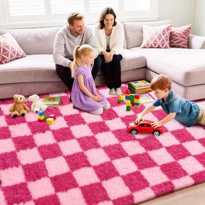 Quntue Checkered Rugs for Bedroom, 4x6 Ultra Fluffy Fuzzy Shag Area Rug for Living Room, Modern Plush Soft Upgrade Non-Slip Carpet for Girls and Kids Room Dorm Nursery Home Decor, Pink and Hot Pink
