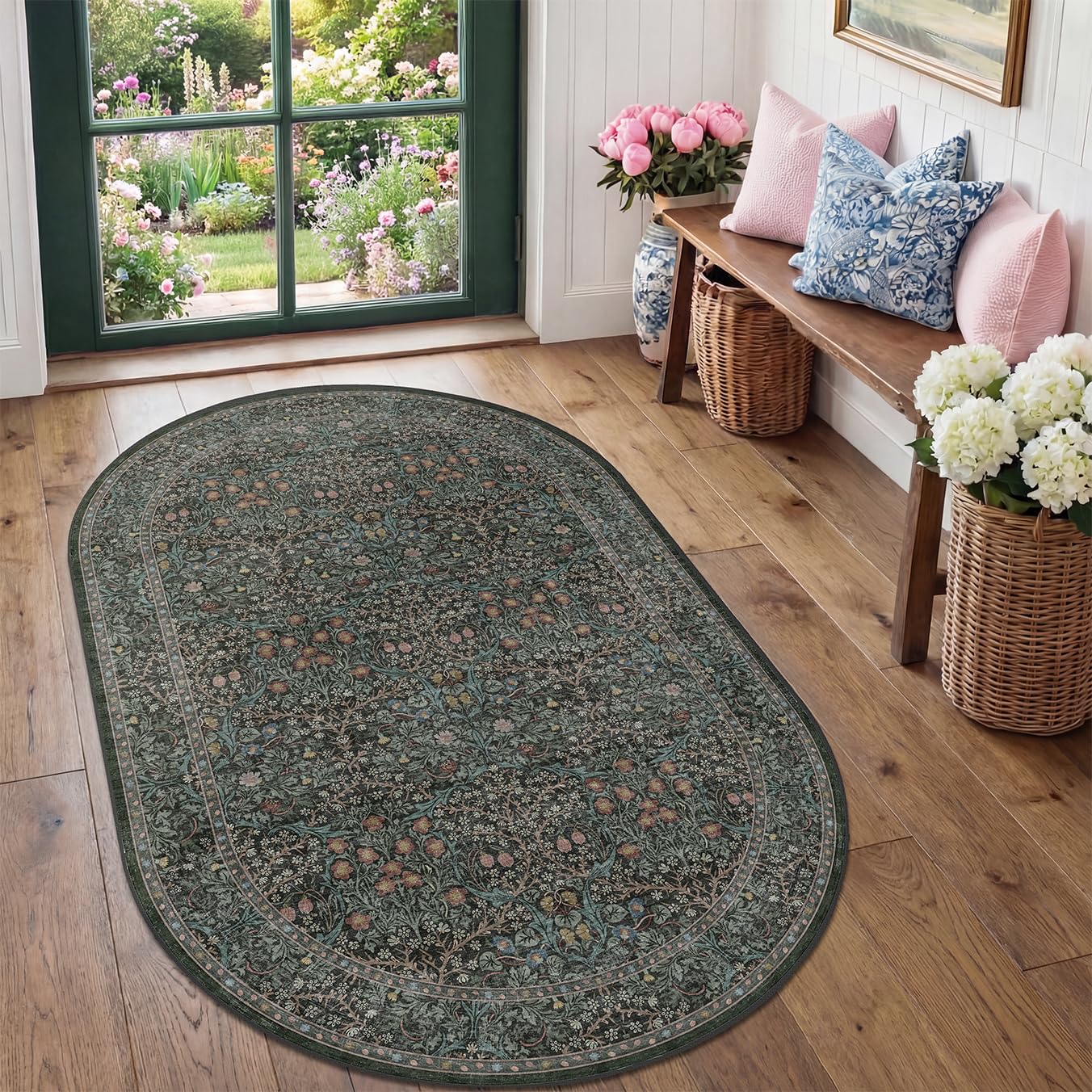 Washable 3x5 Oval Entryway Rugs, Small Oval Area Rugs for Bathroom, Kitchen, Bedroom, Reading Corner, Laundry Room, Mudroom, Non-Slip Stain Resistant Low Pile Throw Rug Indoor Door Mat (Dark Green)