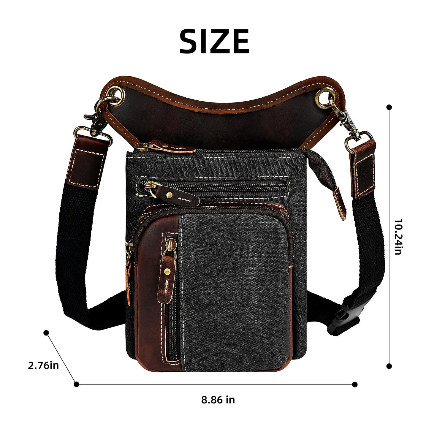 Handadsume Water Resistant Canvas + Leather Motorcycle Fanny Waist Pack One Shoulder Drop Leg Thigh Bag For Men Women FB211-6 (Z-211-11-Black)