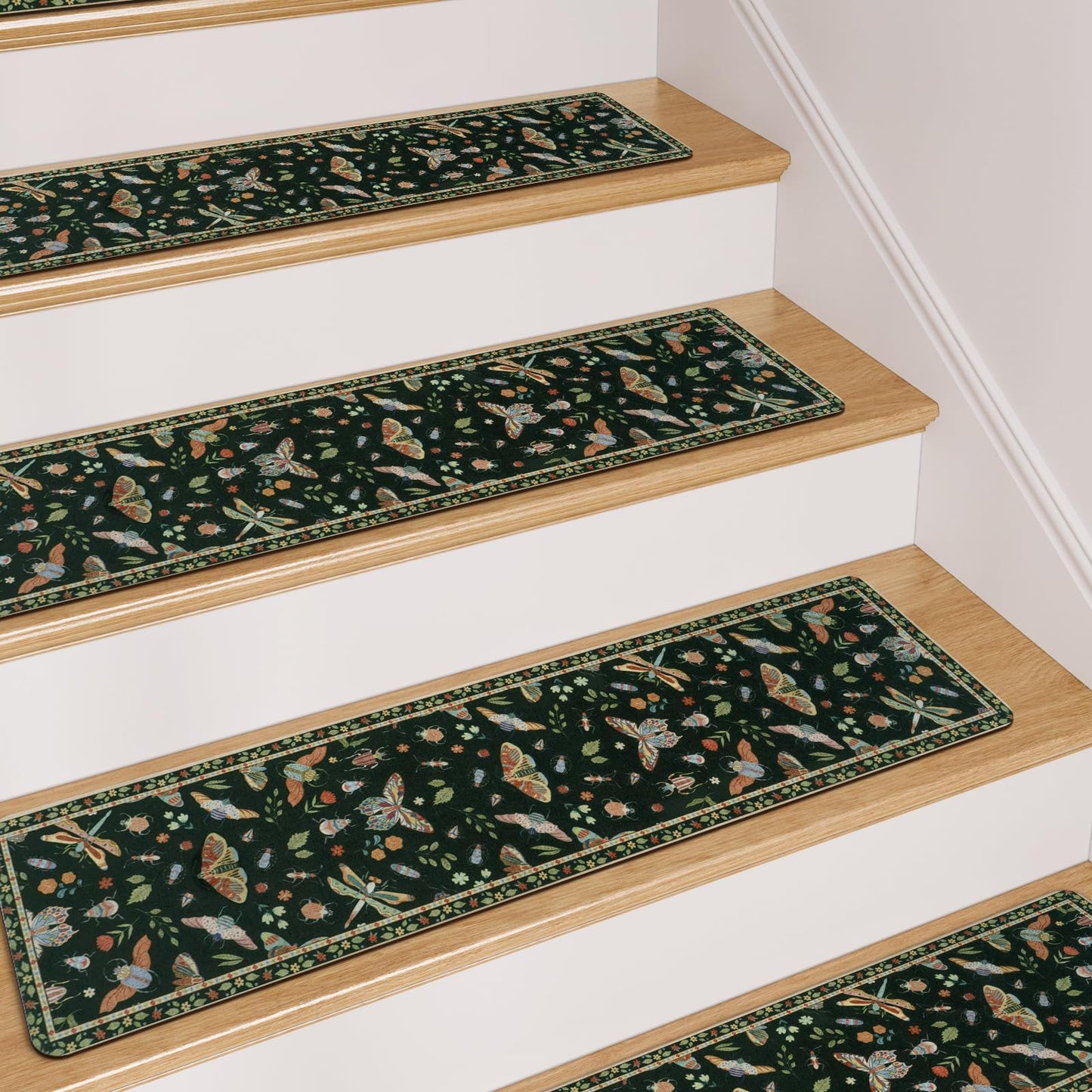 OJIA Insect Print Stair Treads Non Slip Stair Runners for Wooden Steps Indoor, 15PCS 8"x30" Rubber Backing Carpet Treads for Wood Stairs Staircase Step Treads for Kids & Dogs, Stair Covers, Black