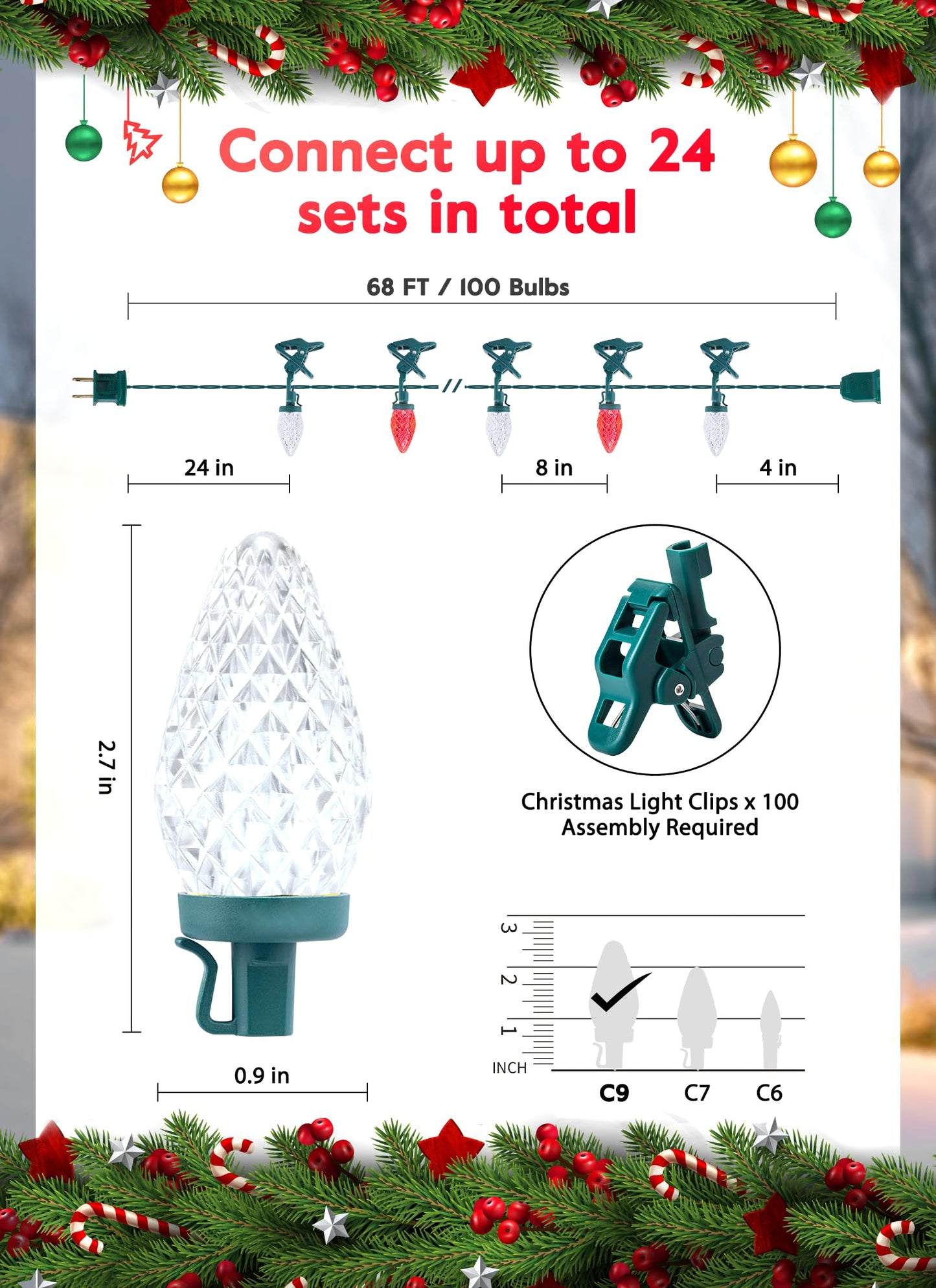 C9 LED Christmas Lights Outdoor, 68 Ft 100 LED Strawberry String Lights With 100 Spring Clamps, Waterproof Commercial Grade Extendable for Outside Roofline Patio Home Xmas Decoration, Red & Warm White
