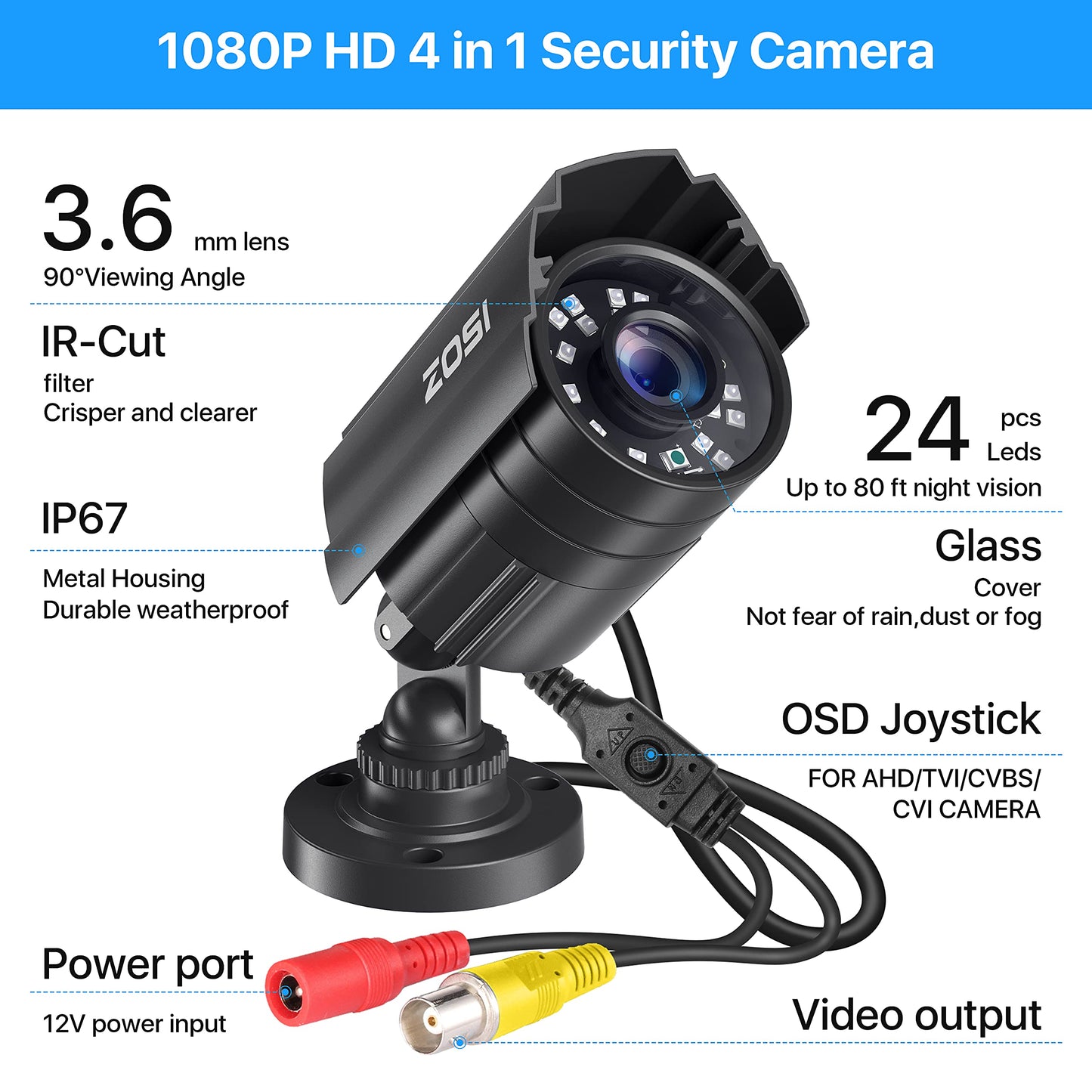 ZOSI 2.0MP 1080P HD 1920TVL Security Camera Hybrid 4-in-1 TVI/CVI/AHD/960H CVBS CCTV Camera Outdoor Indoor,80ft IR Night Vision,Weatherproof Bullet Camera For analog Surveillance DVR(Black)