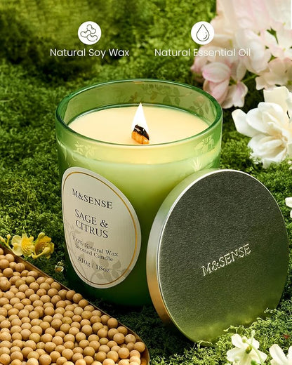 M&SENSE Sage Citrus Scented Candle, Cracking Wooden Wick Soy Wax, 18oz 100 Hours Long Lasting Clean Burn, Large Jar Candles for Home Decor, Non-Toxic Relaxing Fall Winter Aromatherapy Gifts for Women