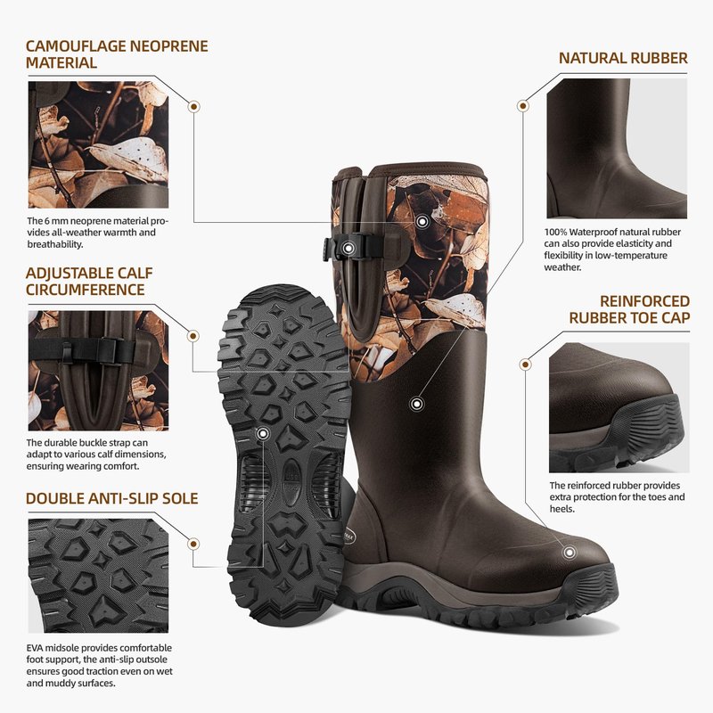 Men's Waterproof Hunting Boots, Camouflage 6mm Neoprene Muck Boots for Outdoor Hunting, Fishing, Farming & Work Brown size 11