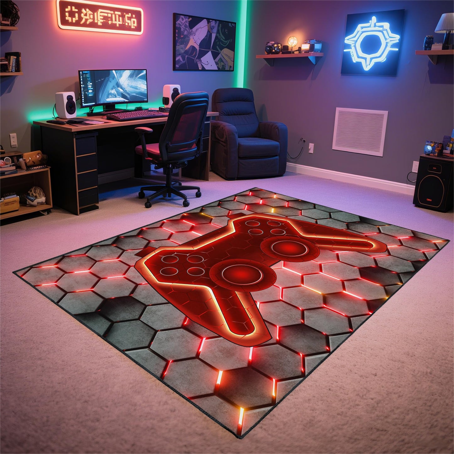 Vesocro Gamer Rug for Room,5x7 ft Non-Slip Cool Gaming Carpet for Bedroom Livingroom and Game Room Rugs Decor